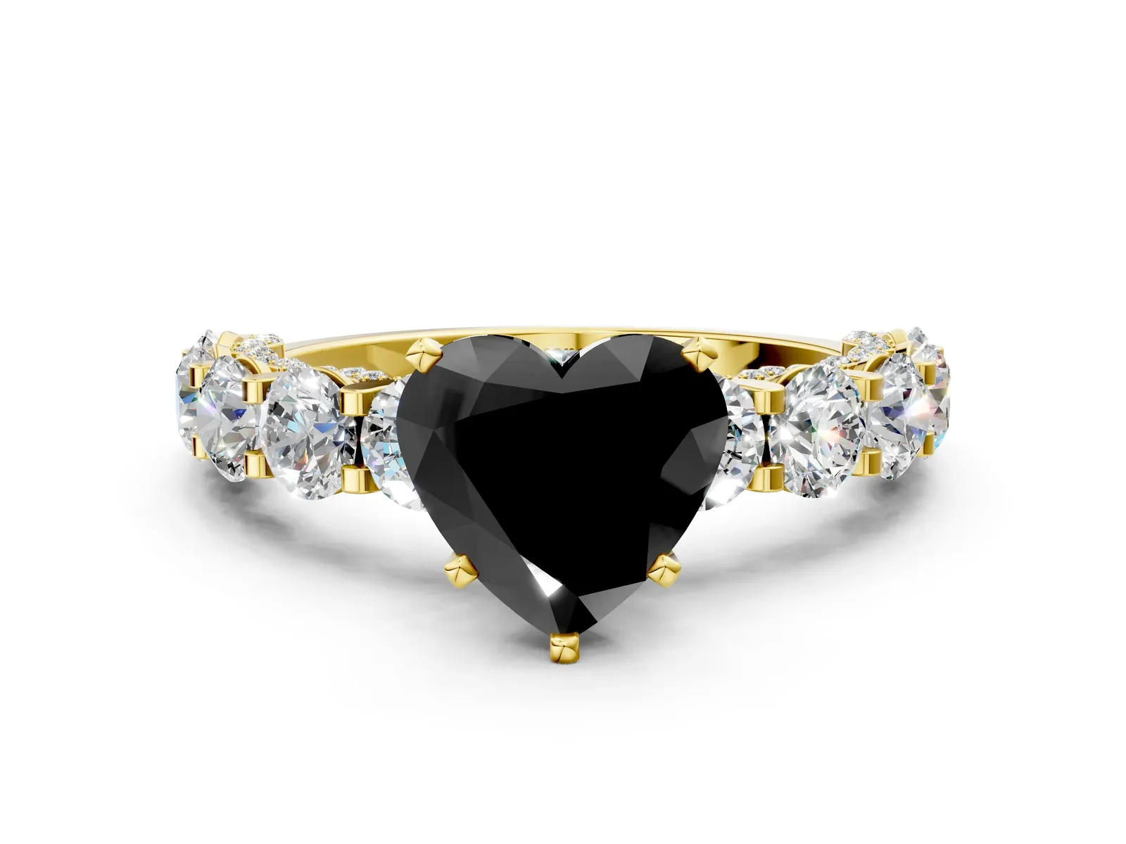 Fancy Black Heart Cut Diamond Side Stone Engagement Ring with Four-Prong Setting Yellow gold
