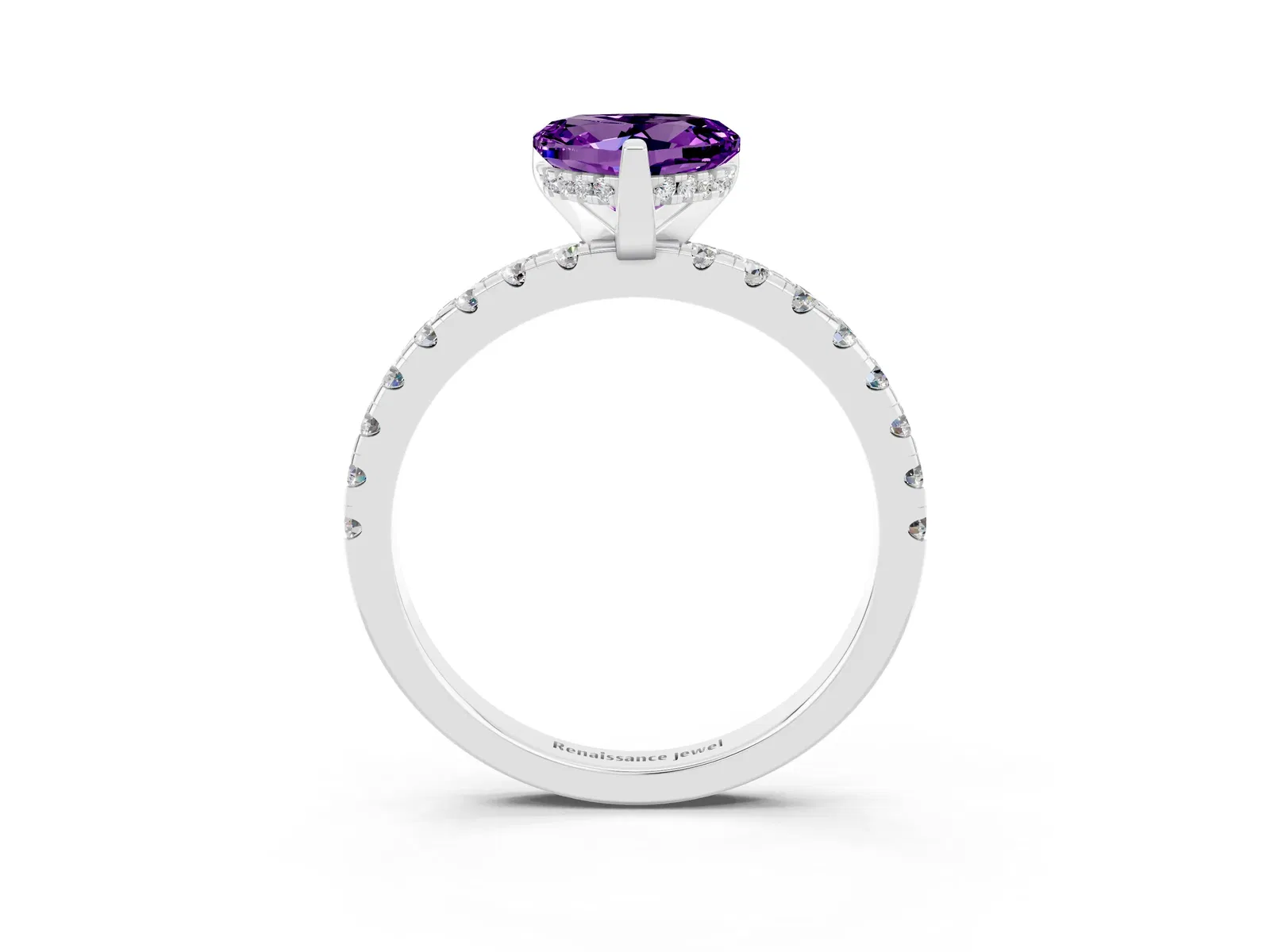 Heart Cut Amethyst Solitaire Ring with Round Pavé Band and Four-Prong Setting Platinum