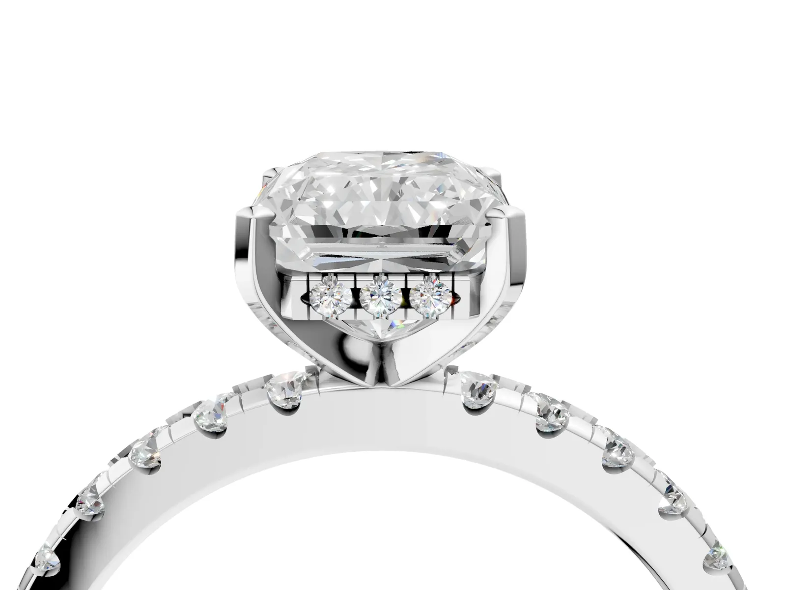 Radiant Cut Diamond Solitaire Ring with Round Pavé Band and Four-Prong Setting Platinum
