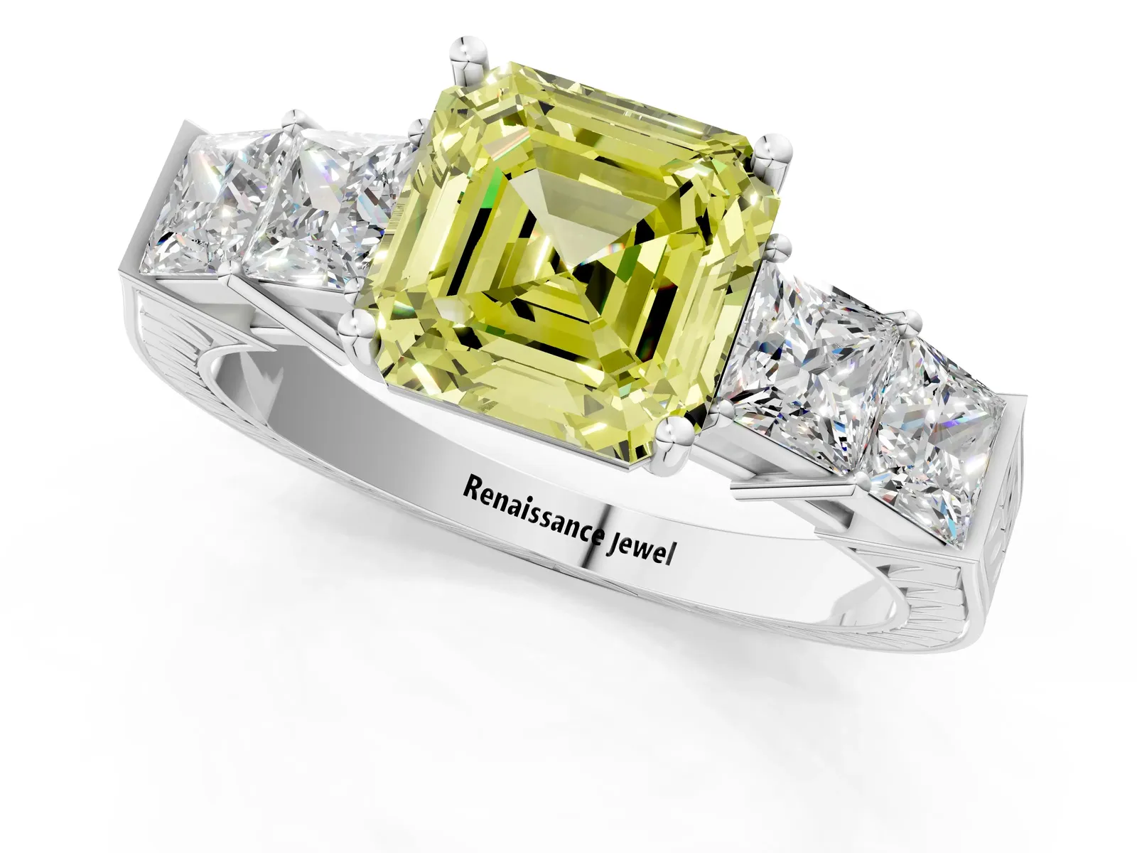 Fancy Yellow Asscher Cut Solitaire Princess Side Stone Engraved Band Prong Setting Ring Platinum