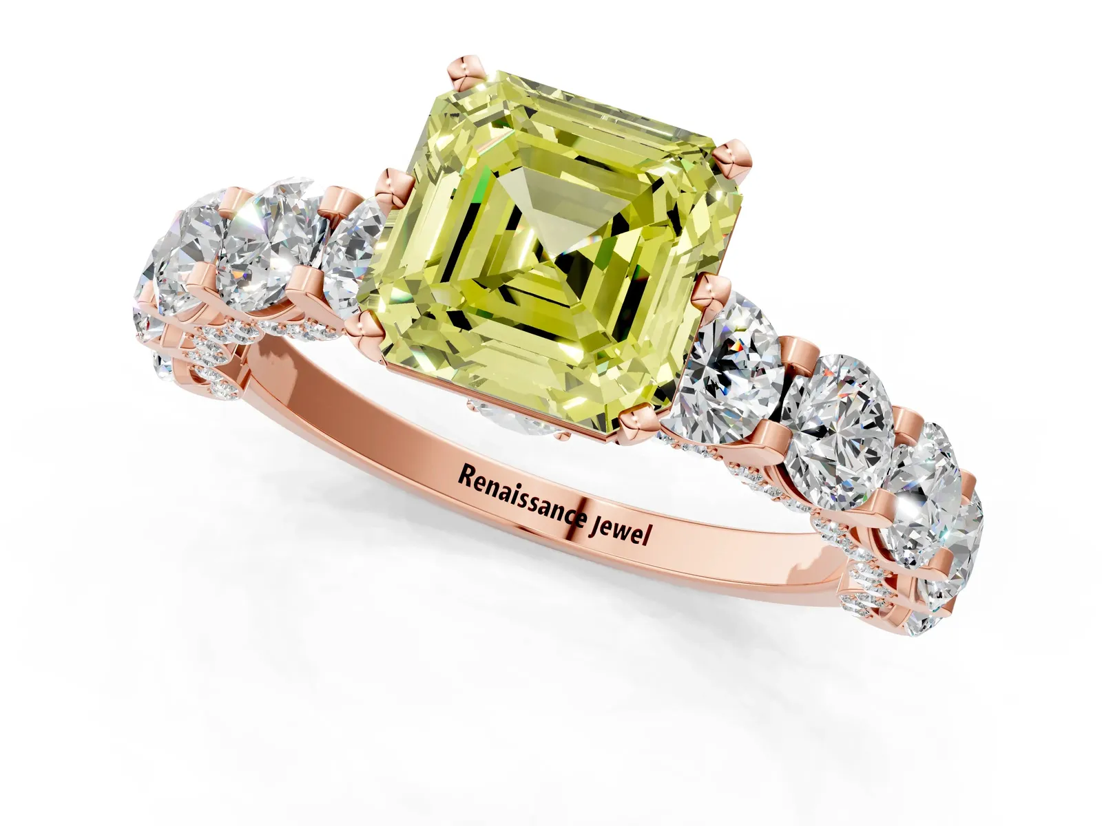 Fancy Yellow Asscher Cut Diamond Side Stone Engagement Ring with Four-Prong Setting Rose gold