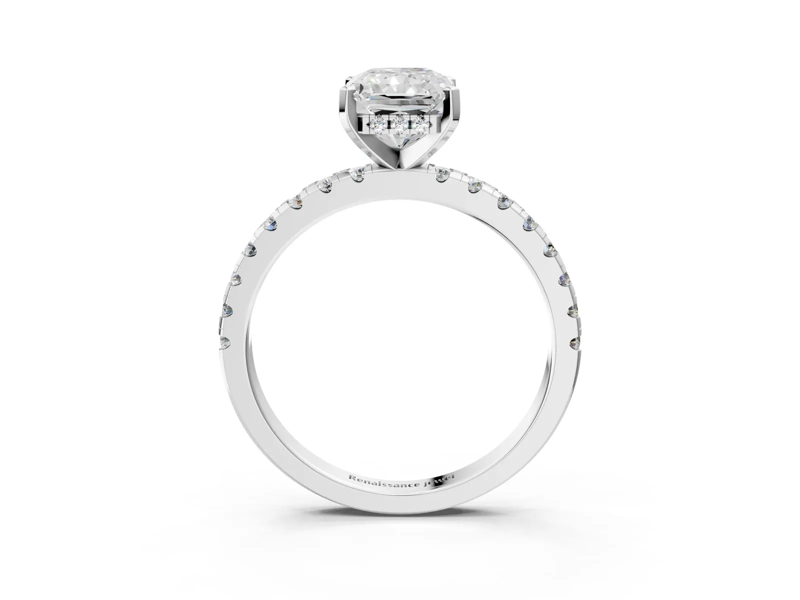 Radiant Cut Diamond Solitaire Ring with Round Pavé Band and Four-Prong Setting Platinum