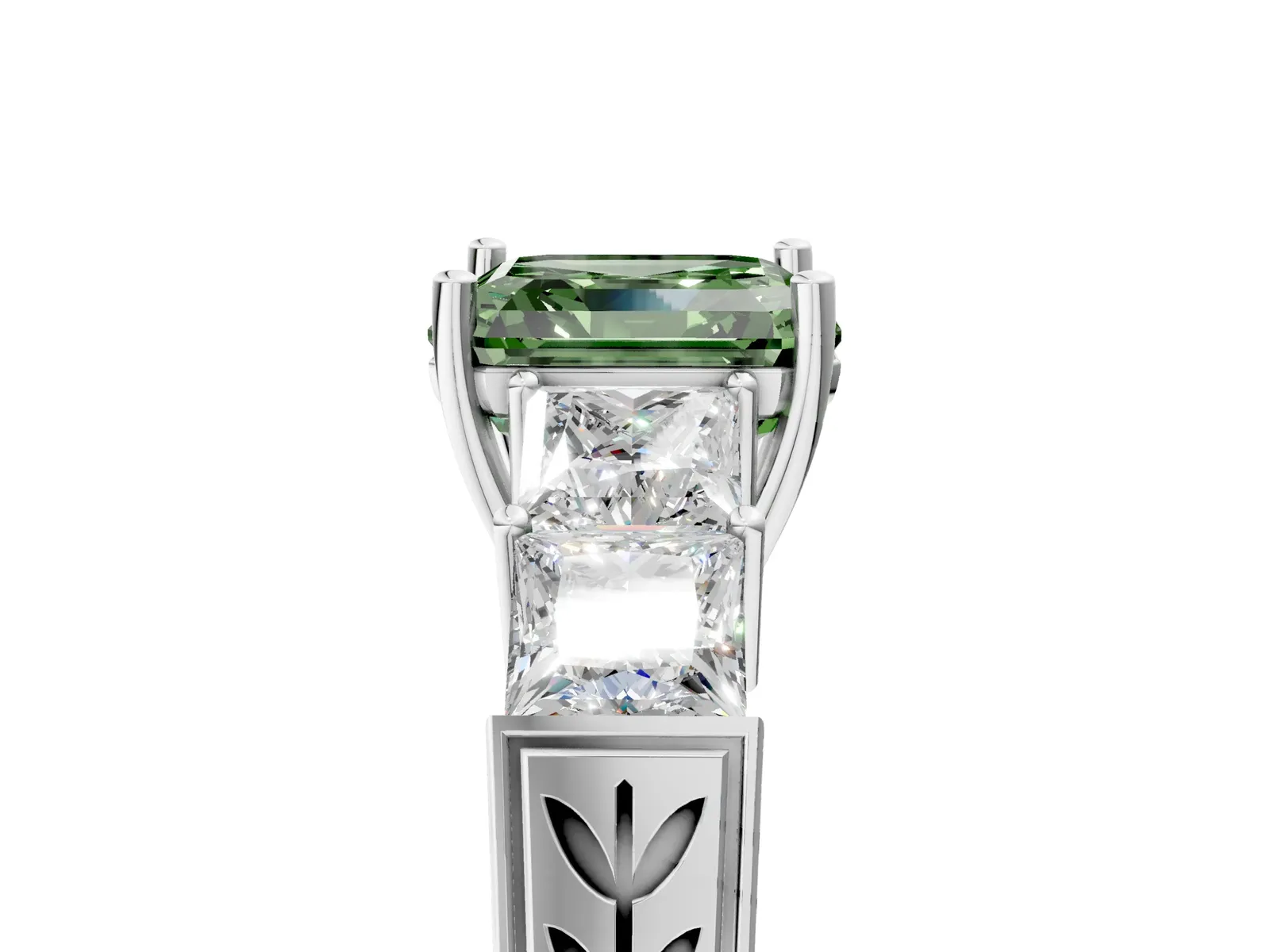 Fancy Green Asscher Cut Solitaire Princess Side Stone Engraved Band Prong Setting Ring Platinum