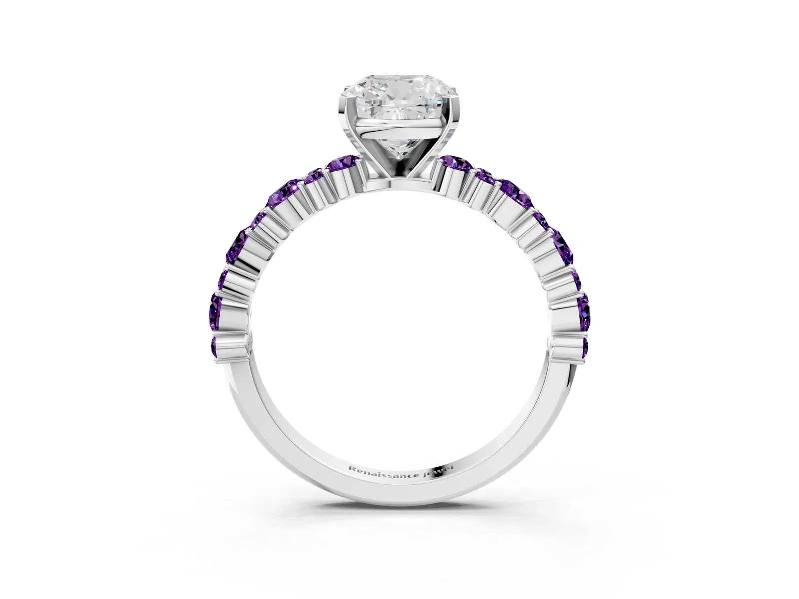 Cushion Cut Diamond Side Stone Solitaire Ring with Round Amethyst and Four-Prong Setting Platinum