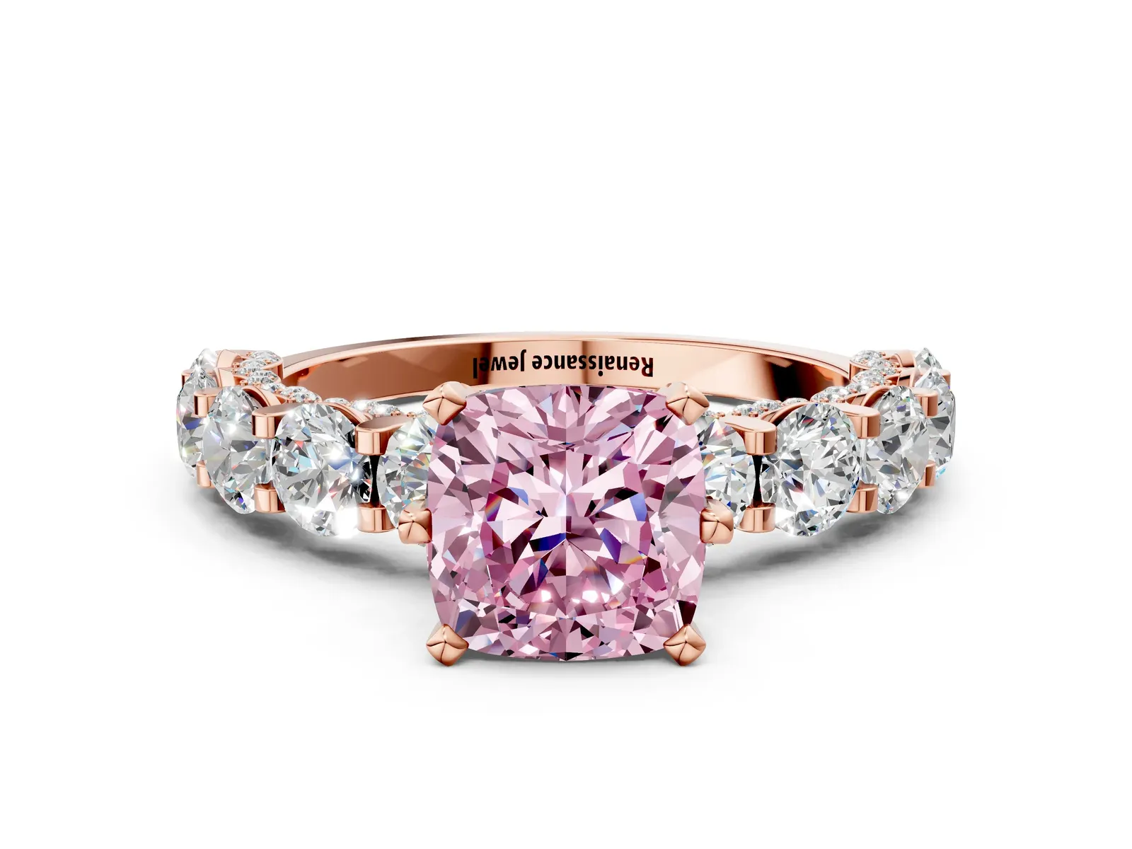 Fancy Pink Cushion Cut Diamond Side Stone Engagement Ring with Four-Prong Setting Rose gold