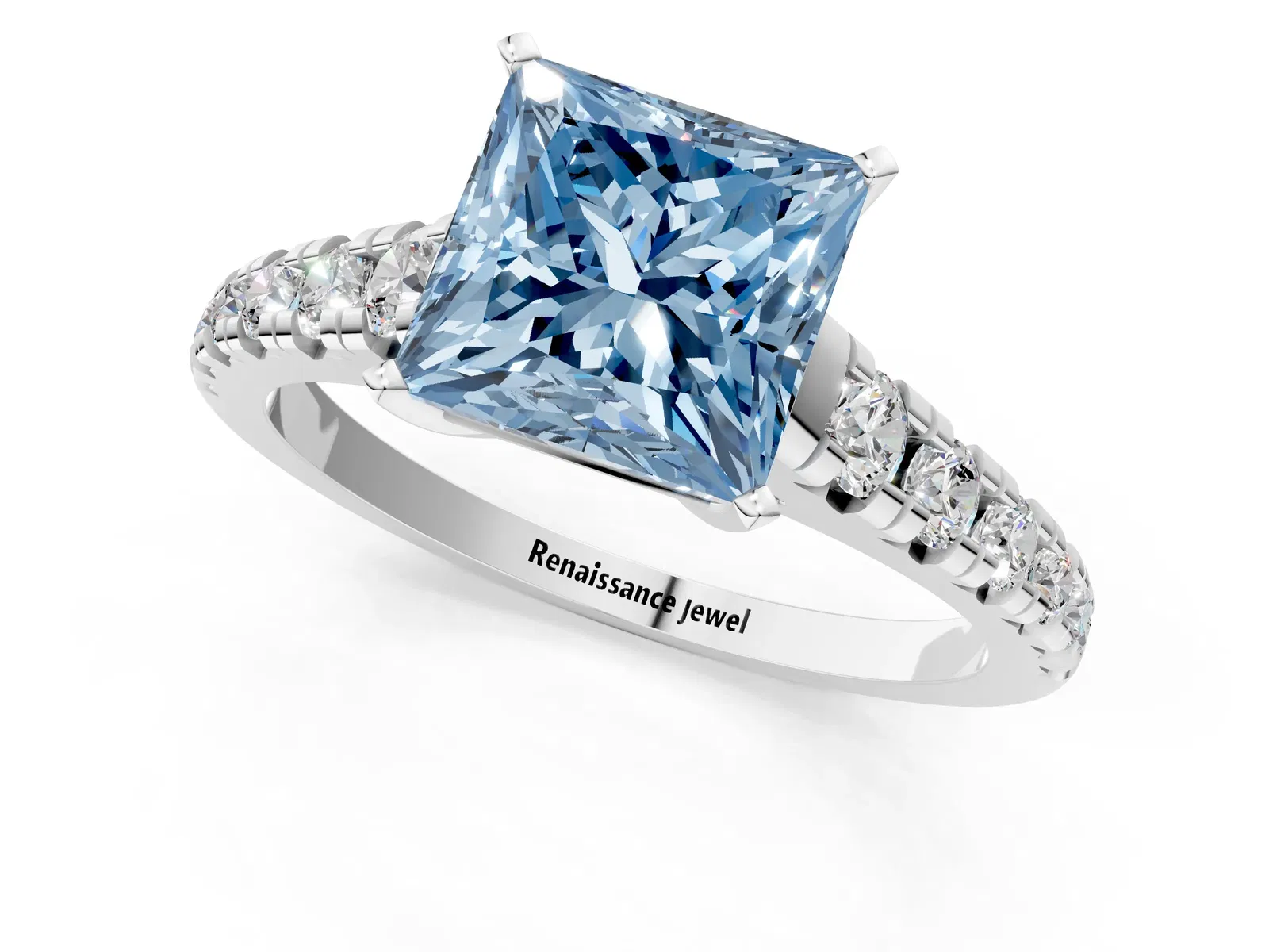 Fancy Blue Princess Cut Diamond Cathedral Solitaire Ring with Round Pavé Band Platinum