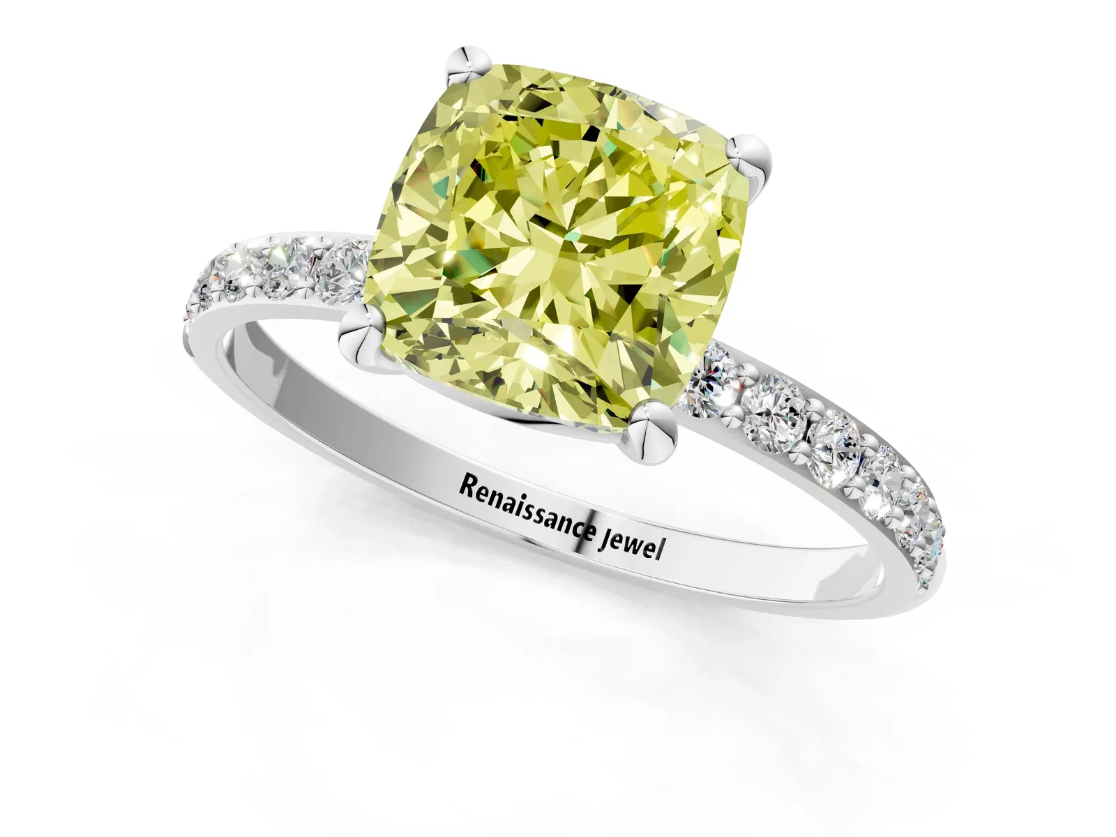 Fancy Yellow Cushion Cut Diamond Solitaire Ring with Round Pavé Band and Prong Setting Platinum