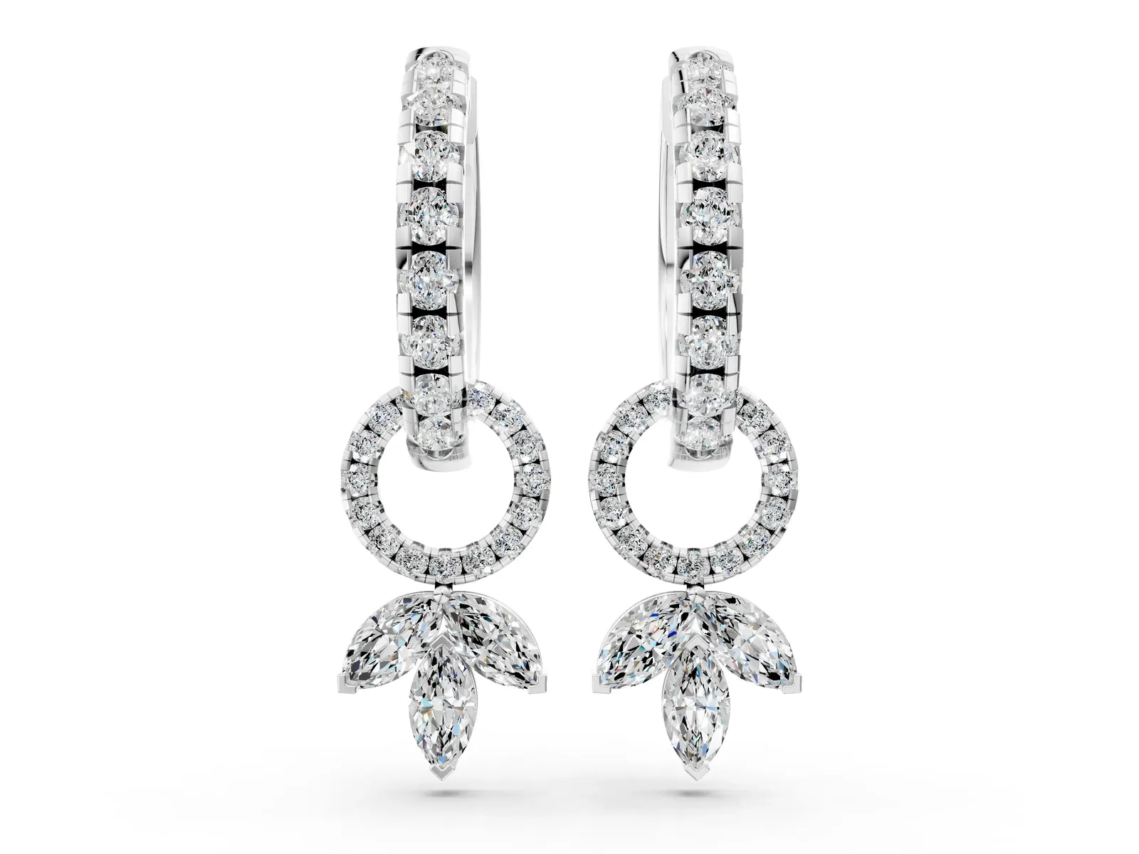Round and Marquise Diamond Huggie Drop Earrings White gold