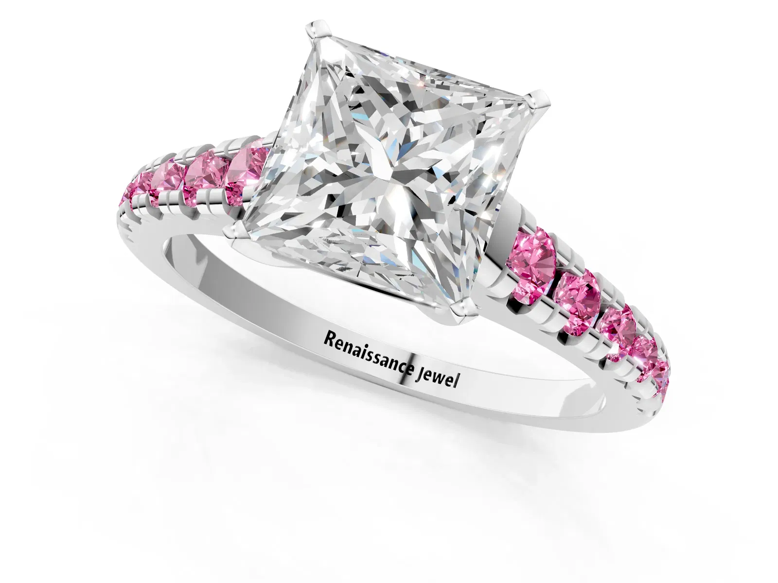 Princess Cut Diamond Cathedral Solitaire Ring with Round Pink Sapphire Pavé Band Platinum