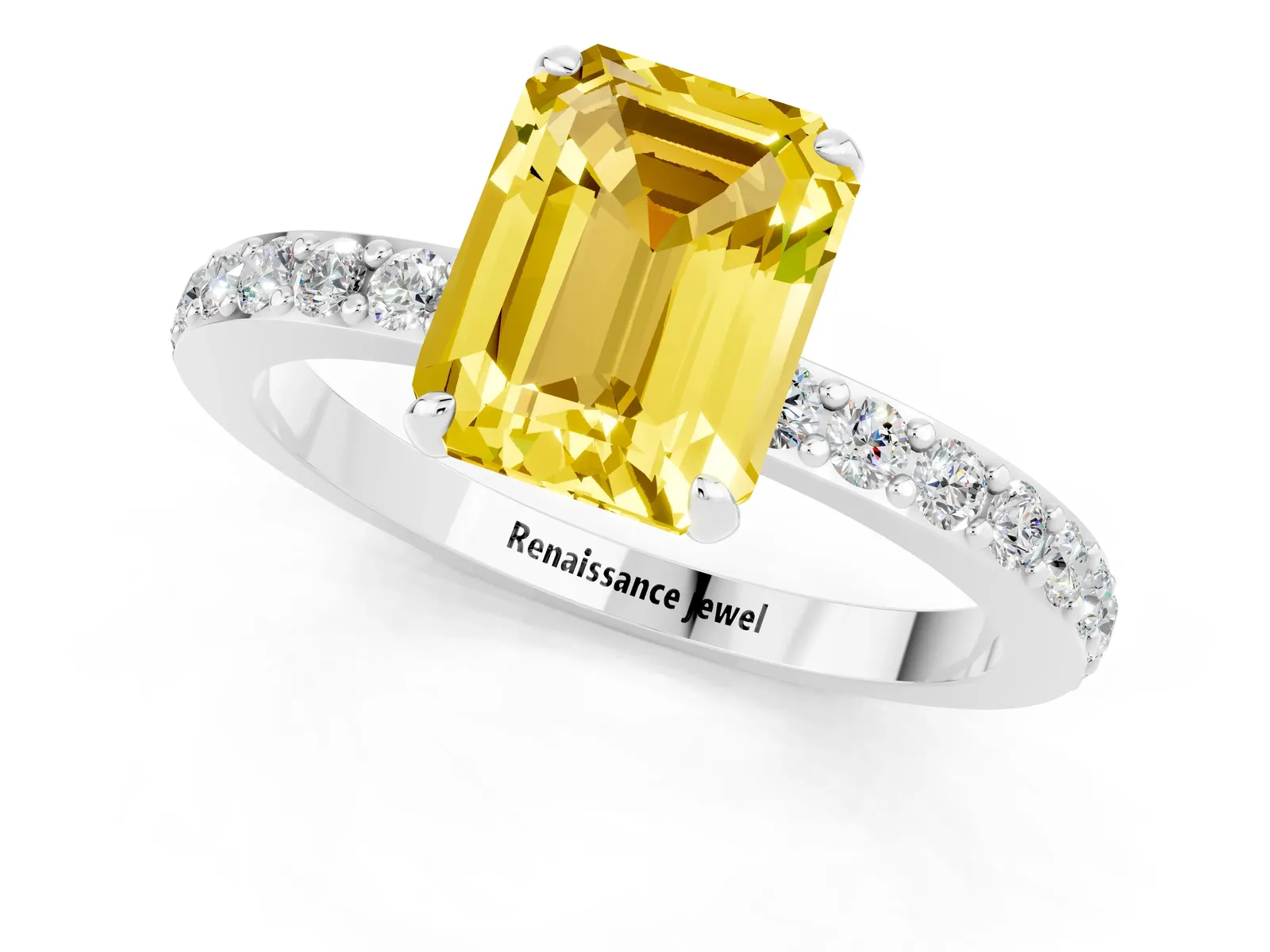 Emerald Cut Yellow Sapphire Solitaire Engagement Ring with Pavé Band and Four-Prong Setting Platinum