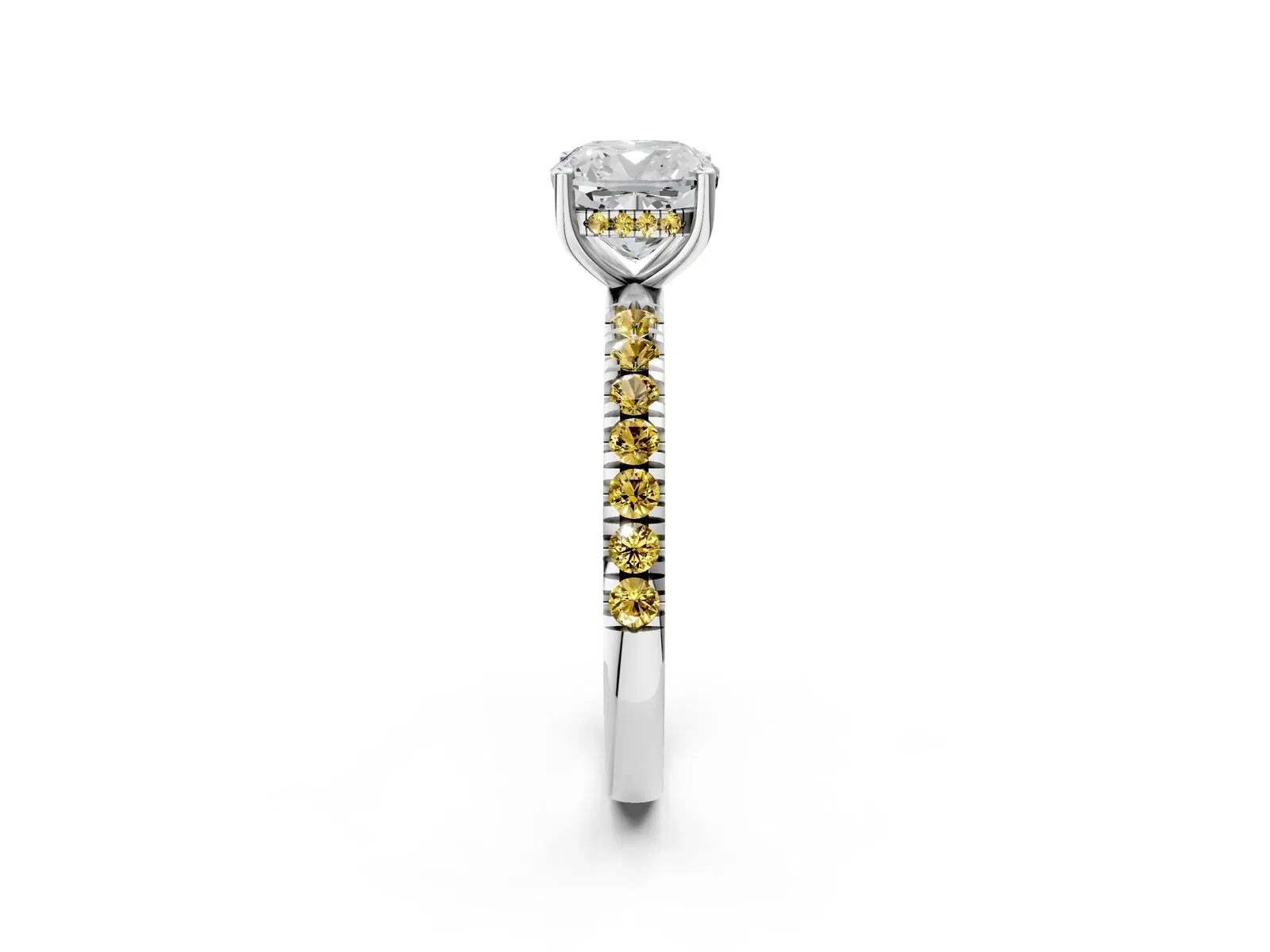 Cushion Cut Diamond Pave Band Solitaire Ring with Round Yellow Sapphire and Prong Setting Platinum