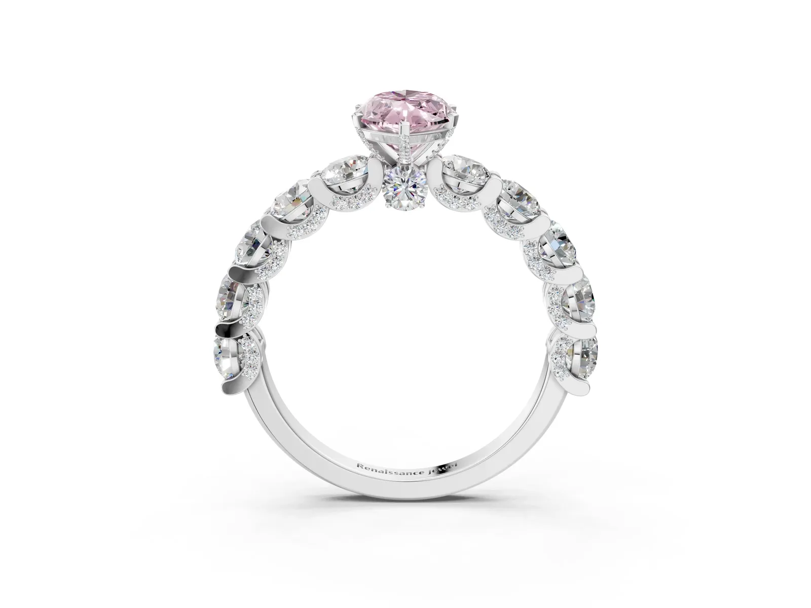 Fancy Pink Marquise Cut Diamond Side Stone Engagement Ring with Four-Prong Setting Platinum
