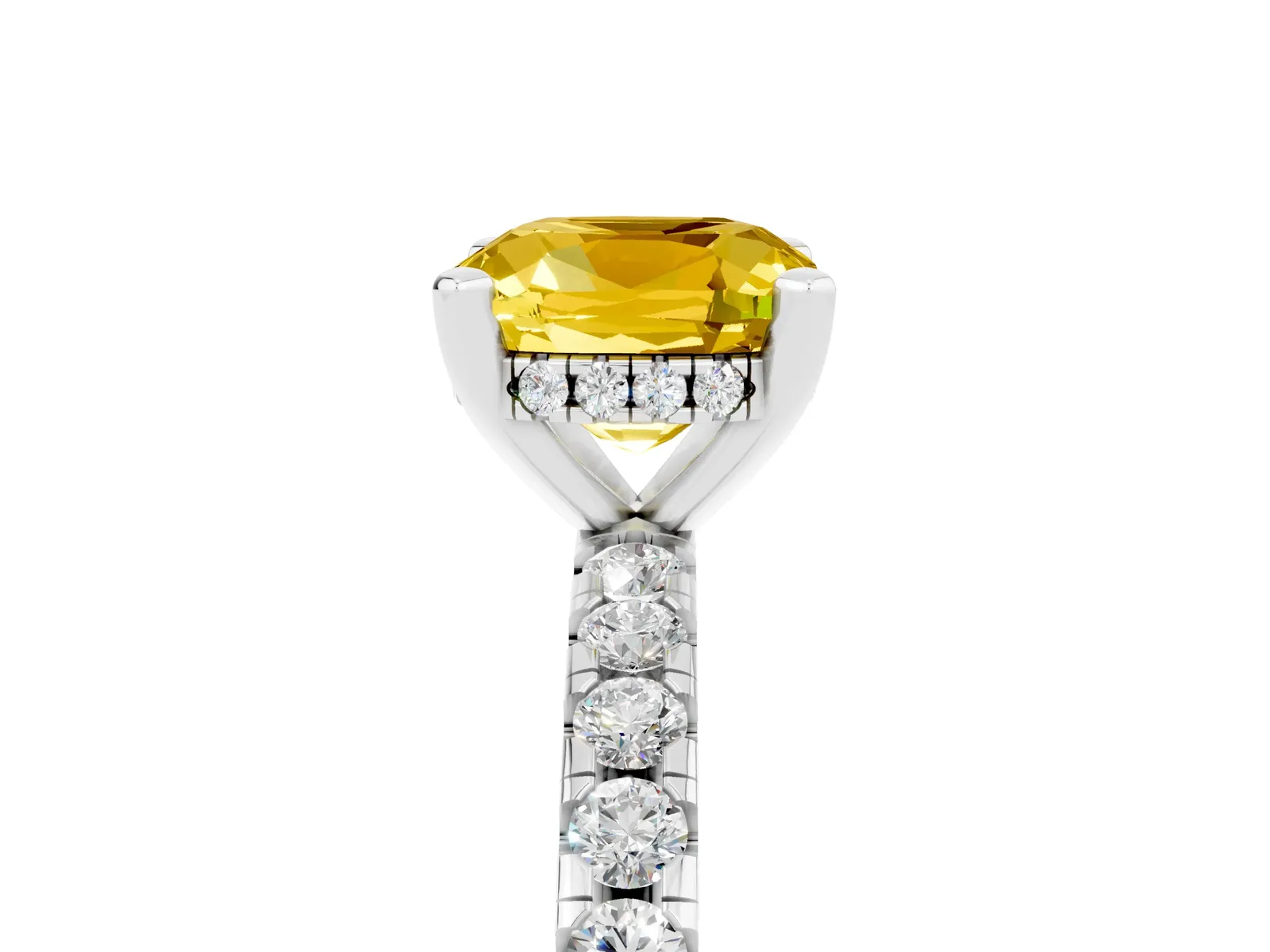 Cushion Cut Yellow Sapphire Solitaire Ring with Round Pavé Band and Four-Prong Setting Platinum