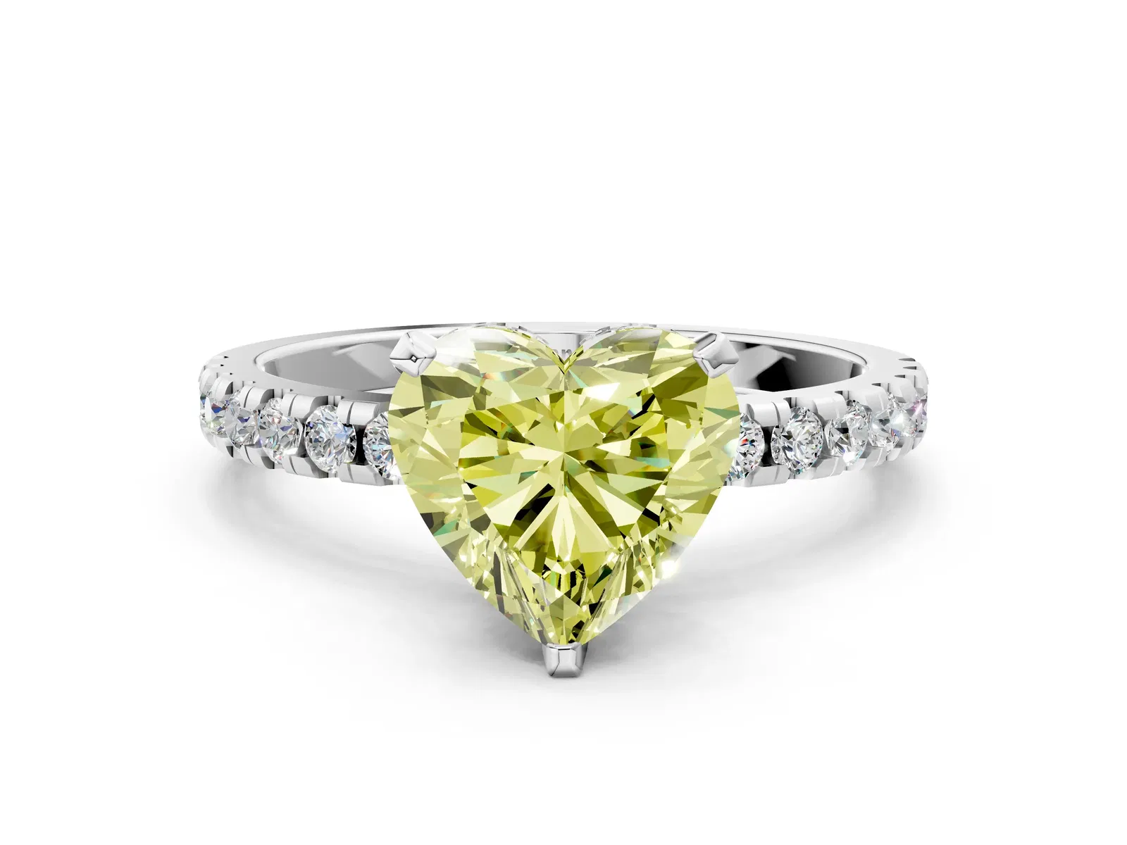 Fancy Yellow Heart Cut Diamond Solitaire Ring with Round Pavé Band and Four-Prong Setting Platinum