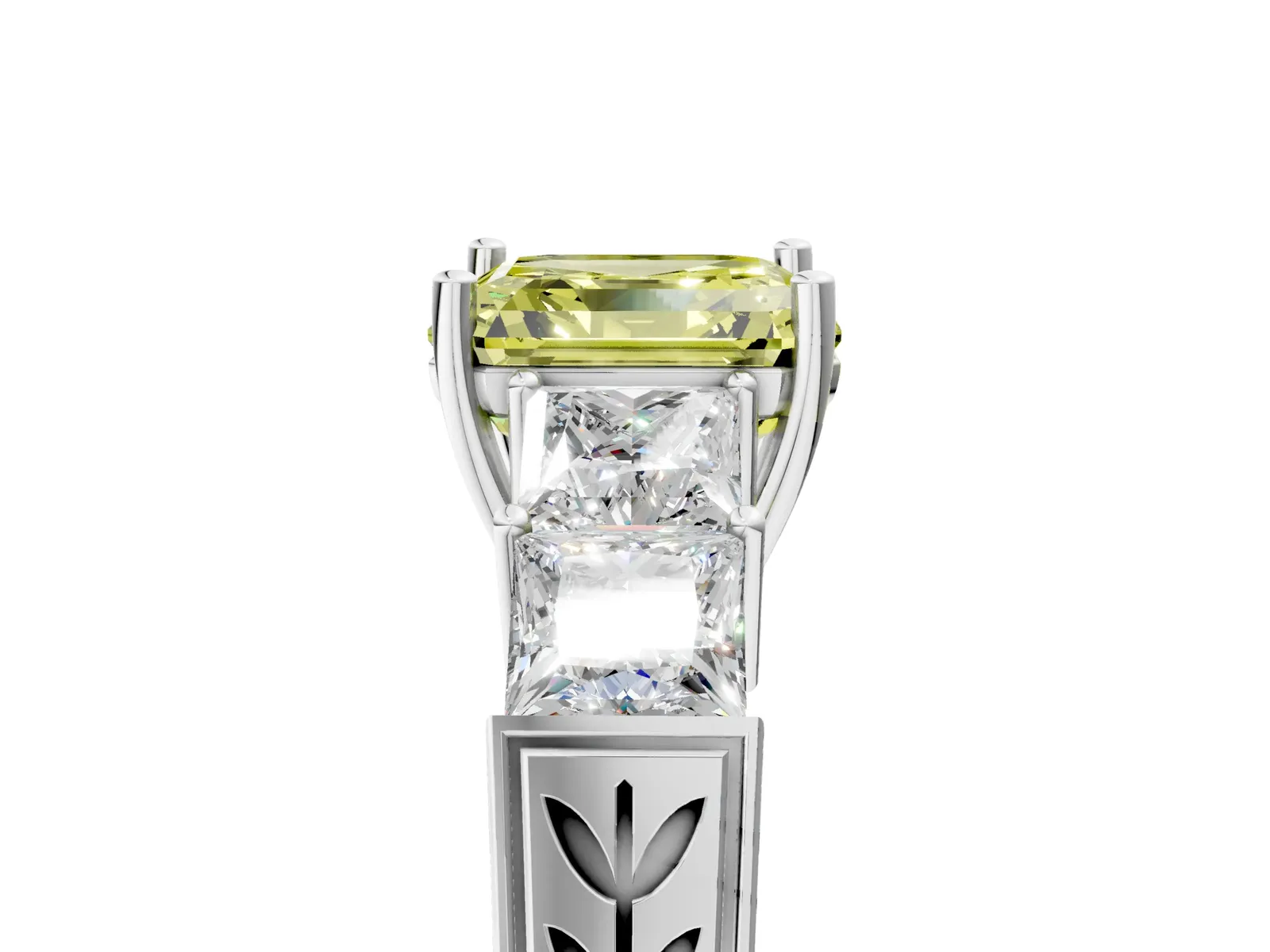 Fancy Yellow Asscher Cut Solitaire Princess Side Stone Engraved Band Prong Setting Ring Platinum