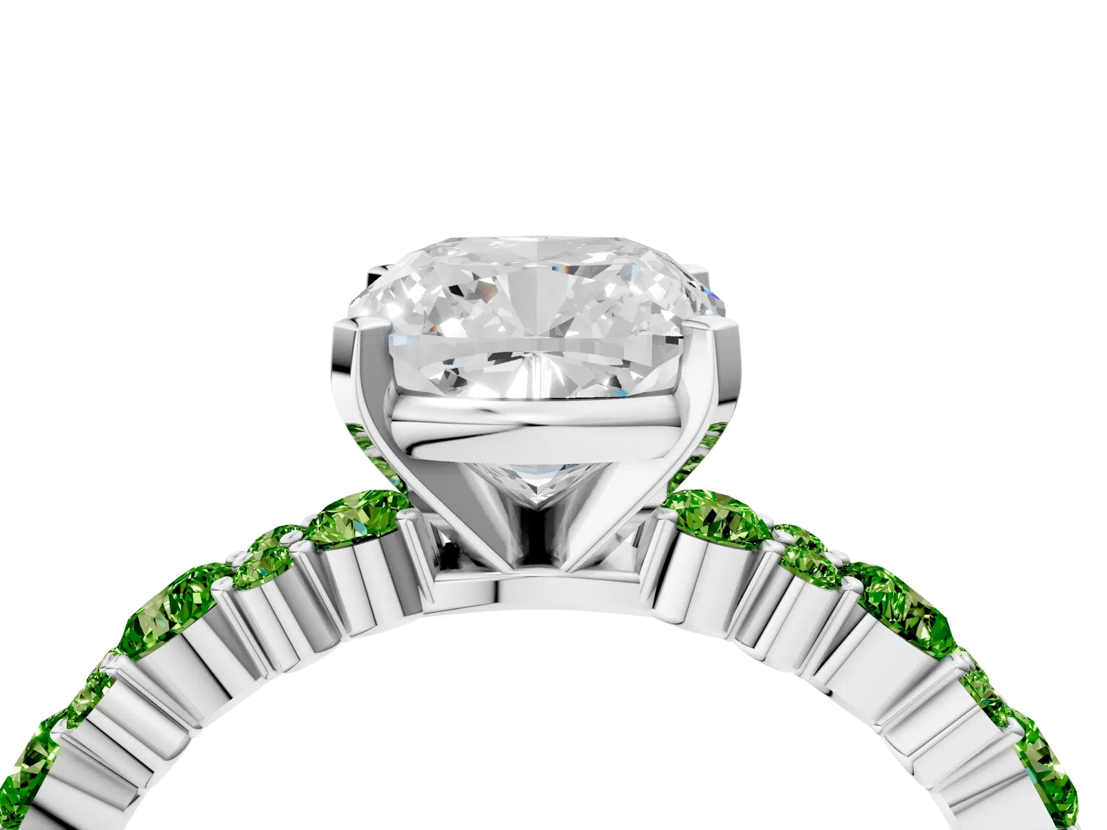 Cushion Cut Diamond Side Stone Solitaire Ring with Round Peridot and Four-Prong Setting Platinum