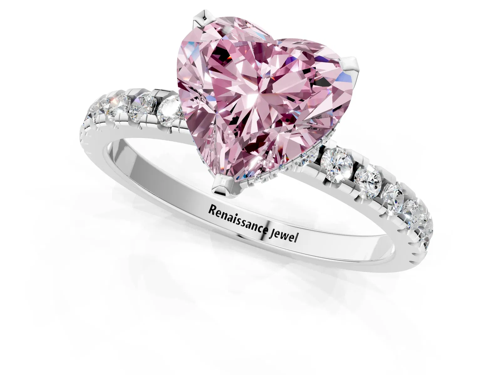 Fancy Pink Heart Cut Diamond Solitaire Ring with Round Pavé Band and Four-Prong Setting Platinum