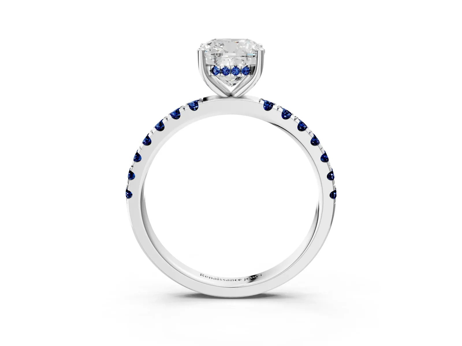 Cushion Cut Diamond Pave Band Solitaire Ring with Round Blue Sapphire and Prong Setting Platinum