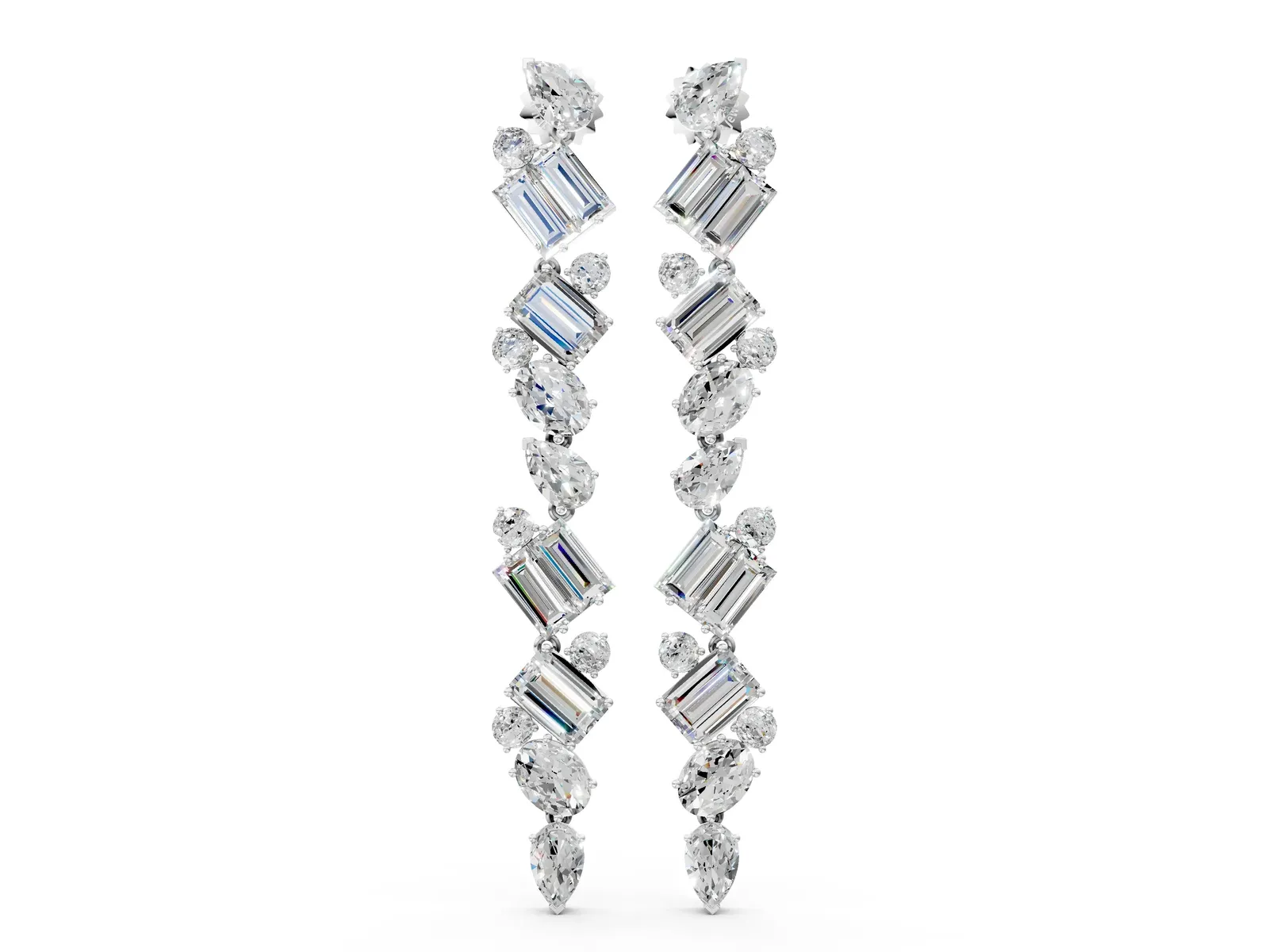 Pear, Emerald, and Round Diamond Linear Drop Earrings White gold