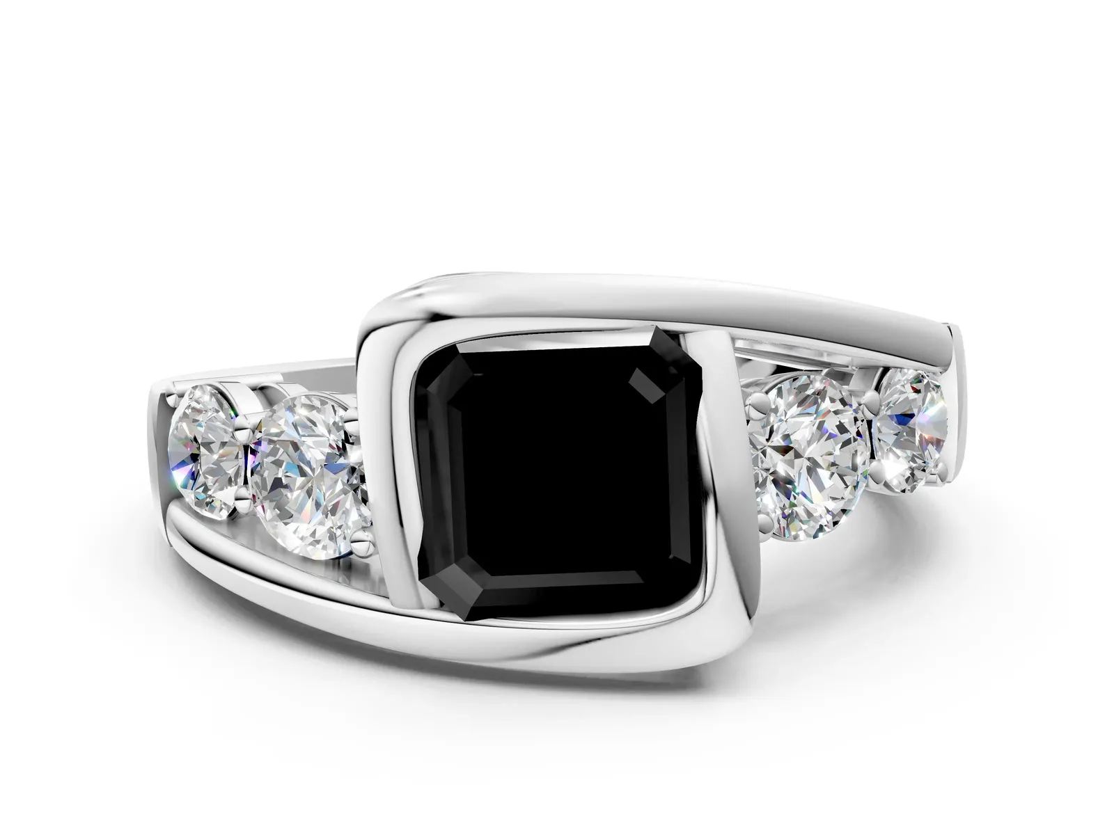 Fancy Black Bezel Set Asscher Cut Diamond Bypass Ring with Round Accents Platinum