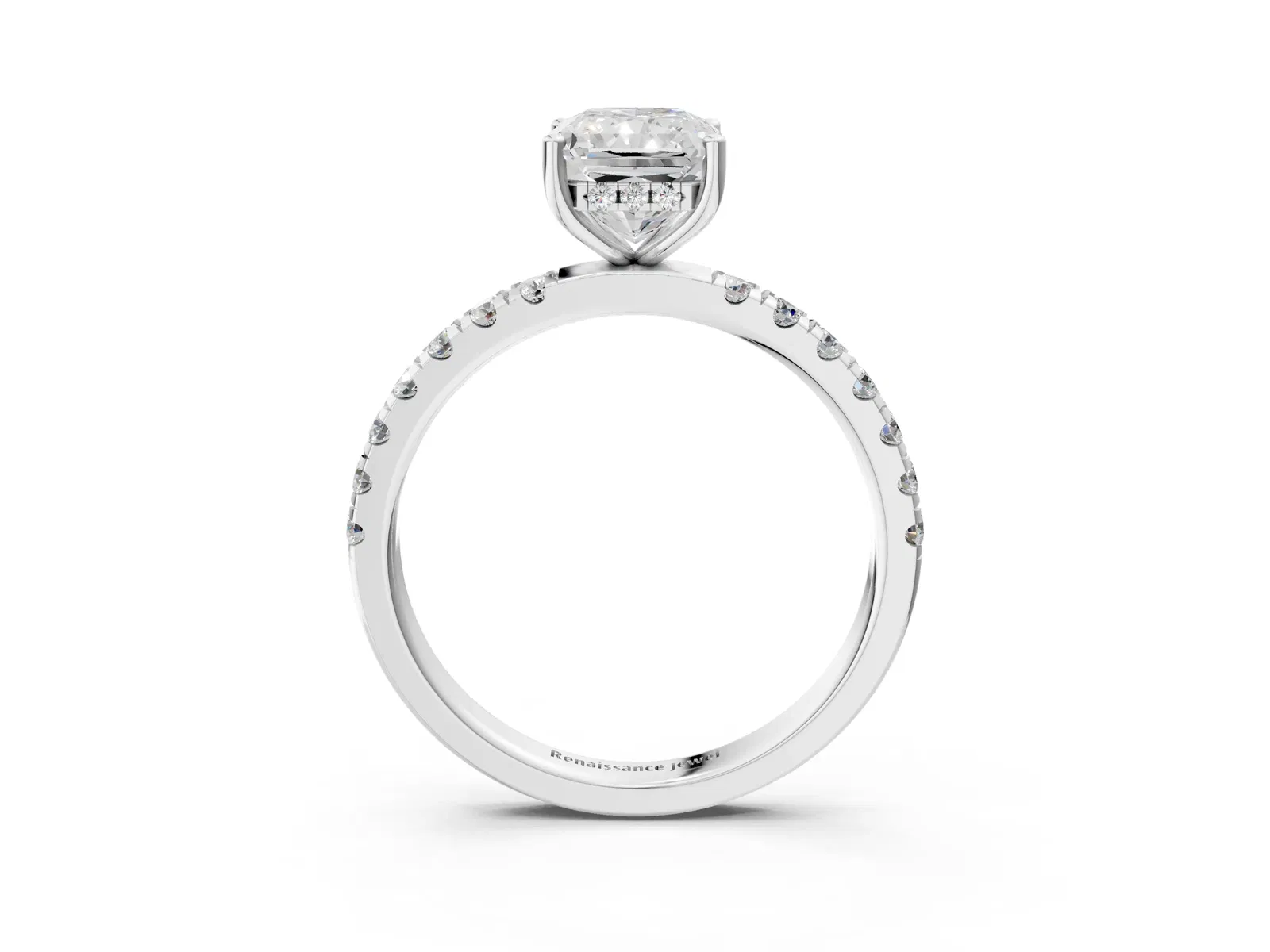 Radiant Cut Diamond Pave Band Solitaire Ring with Round and Prong Setting Platinum