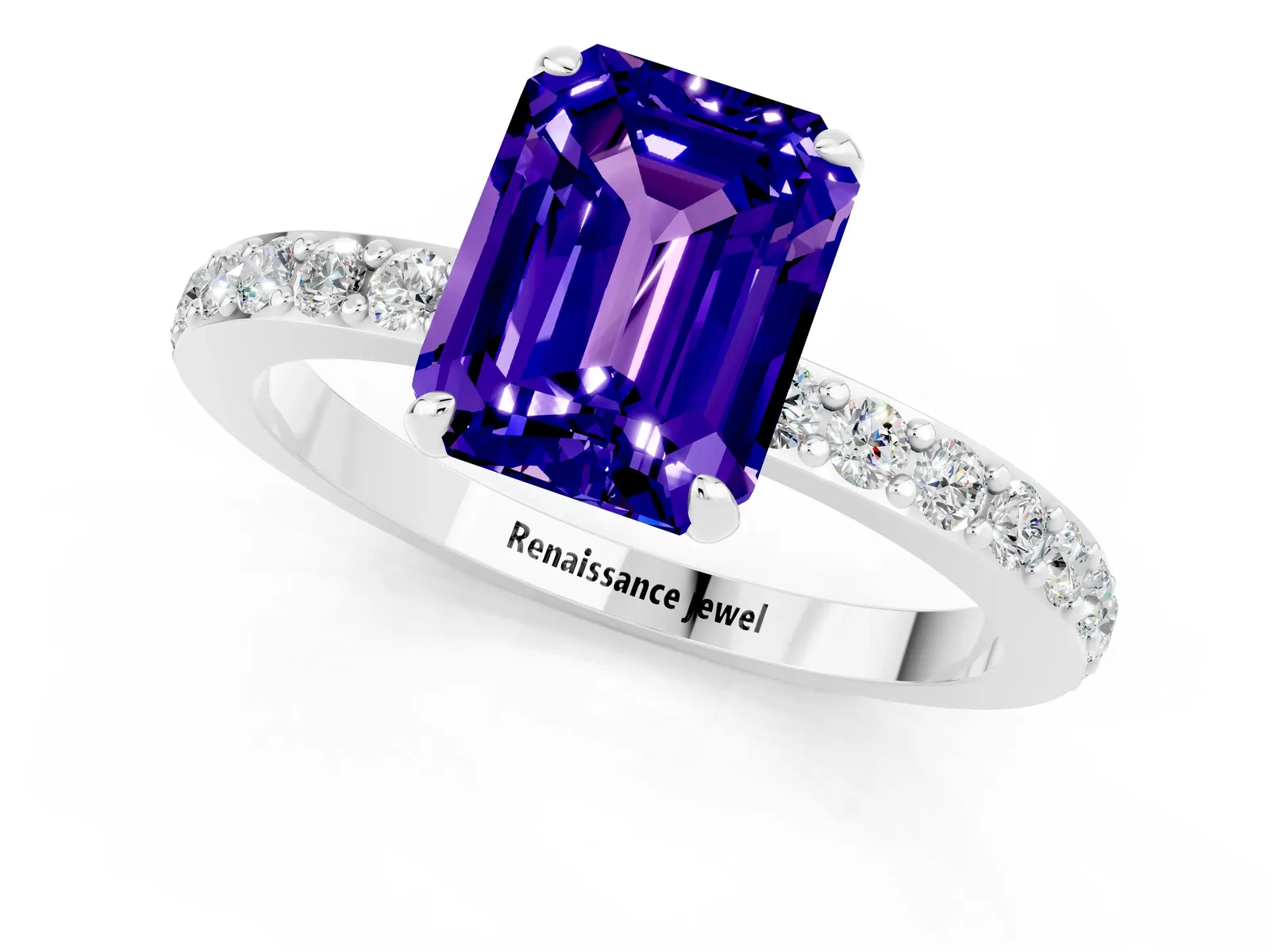 Emerald Cut Tanzanite Solitaire Engagement Ring with Pavé Band and Four-Prong Setting Platinum