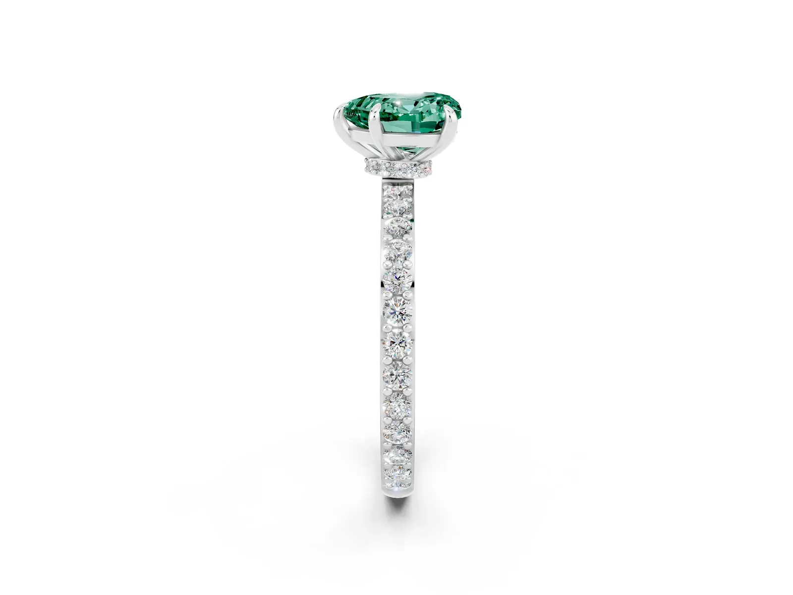 Heart Cut Green Sapphire Solitaire Engagement Ring with Pavé Band and Four-Prong Setting Platinum