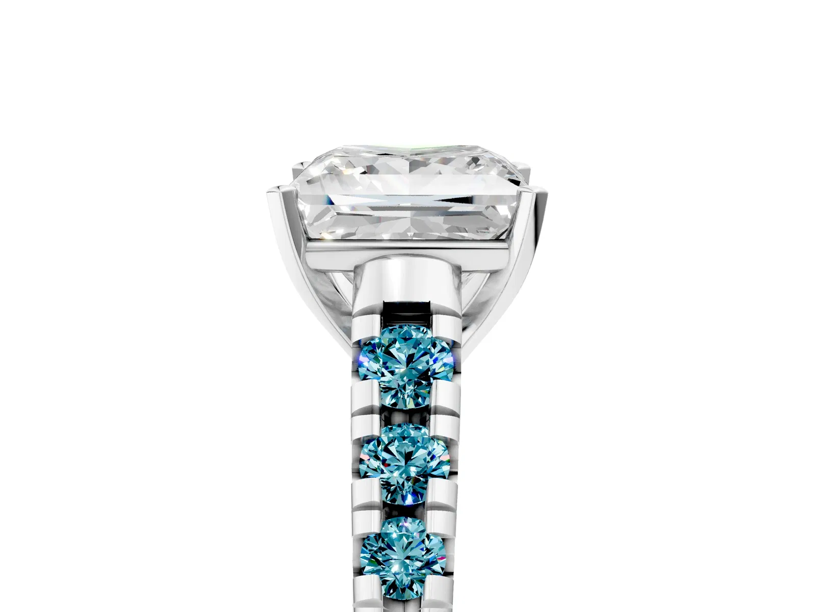 Princess Cut Diamond Cathedral Solitaire Ring with Round Blue Topaz Pavé Band Platinum