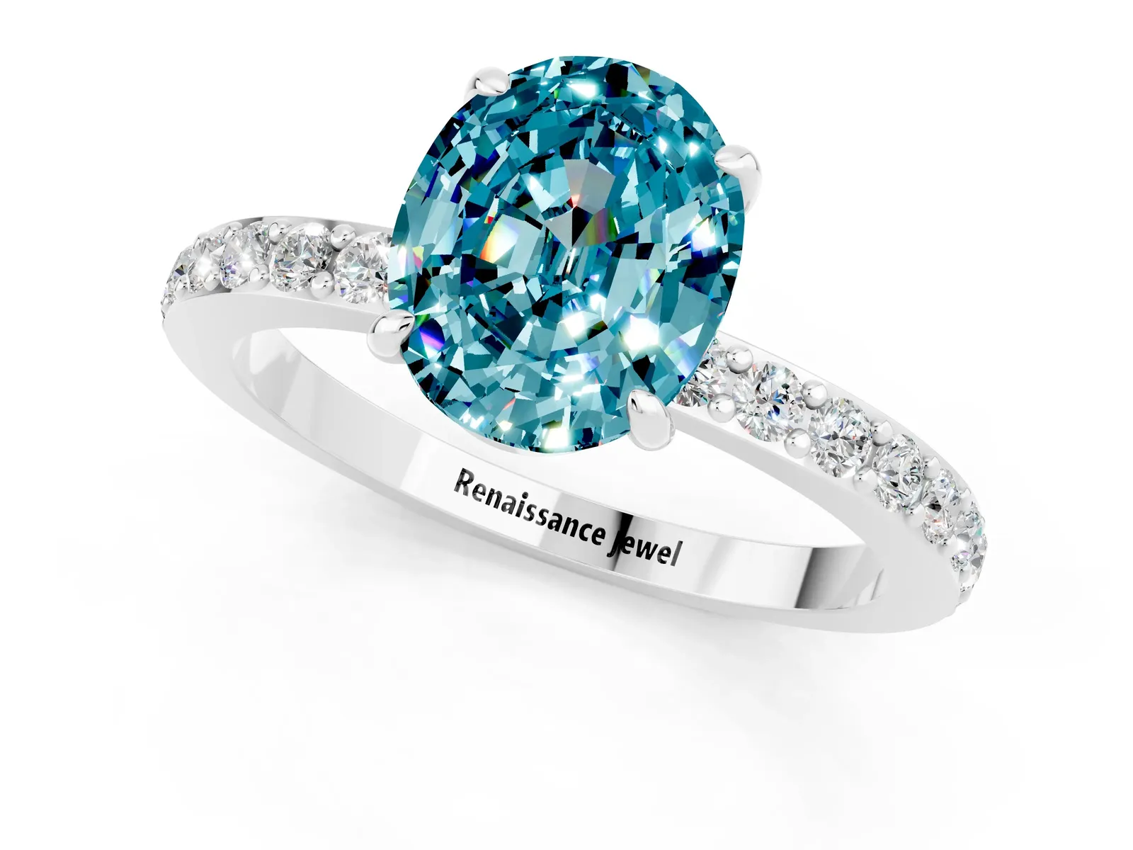 Oval Cut Blue Topaz Solitaire Engagement Ring with Pavé Band and Four-Prong Setting Platinum