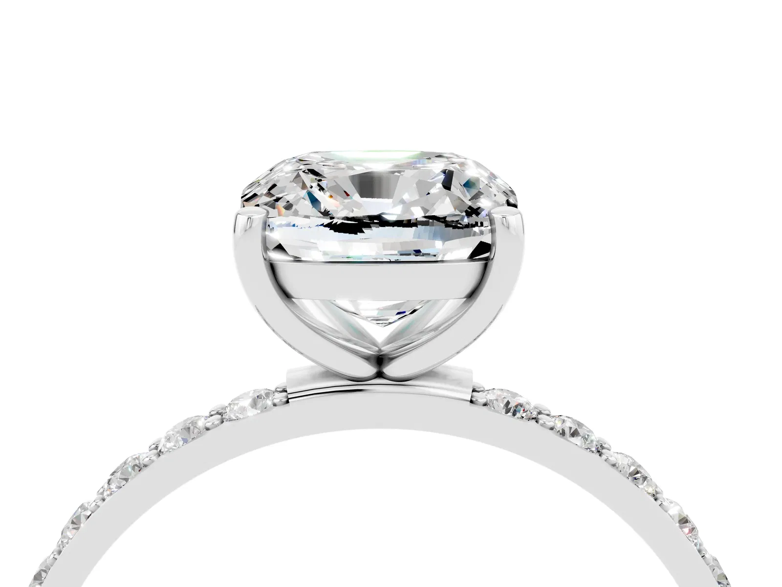 Cushion Cut Moissanite Solitaire Ring with Round Pavé Band and Prong Setting Platinum
