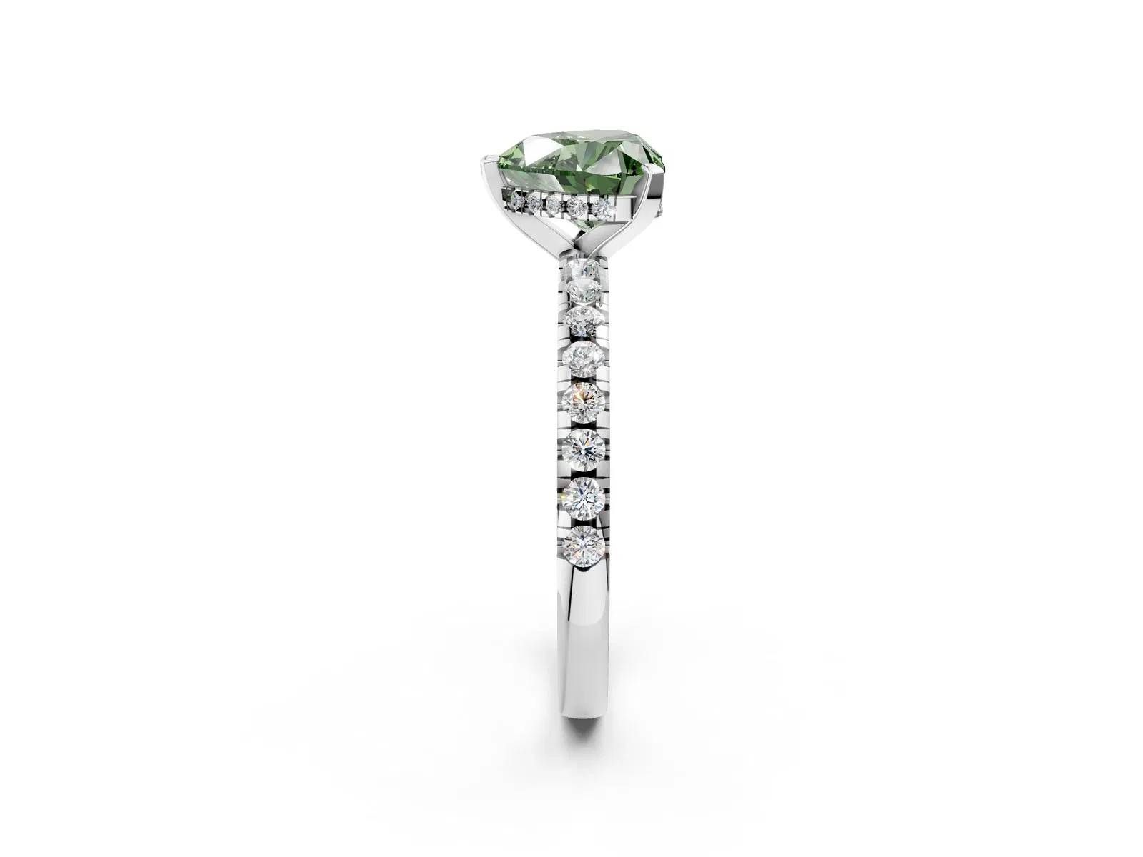 Fancy Green Heart Cut Diamond Solitaire Ring with Round Pavé Band and Four-Prong Setting Platinum