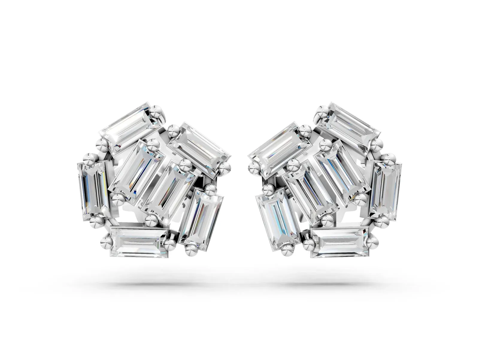 Baguette Diamond Cluster Stud Earrings Silver