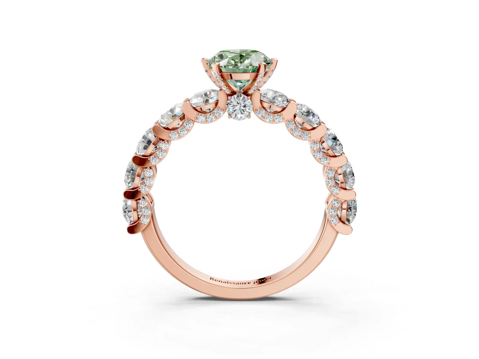 Fancy Green Oval Cut Diamond Side Stone Engagement Ring with Four-Prong Setting Rose gold