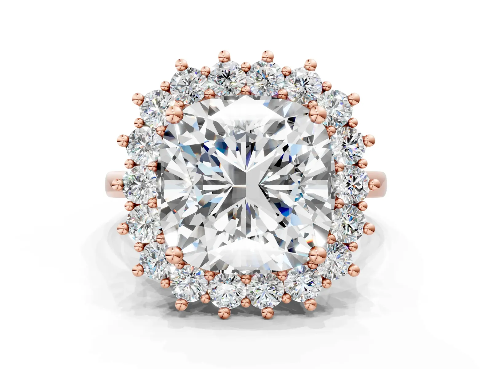 Cushion Diamond Halo Engagement Ring with Round Diamond Accents Rose gold