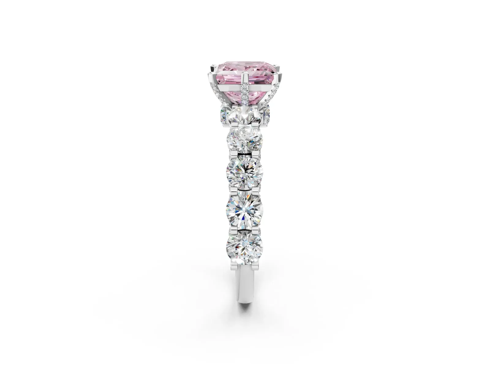 Fancy Pink Princess Cut Diamond Side Stone Engagement Ring with Four-Prong Setting Platinum