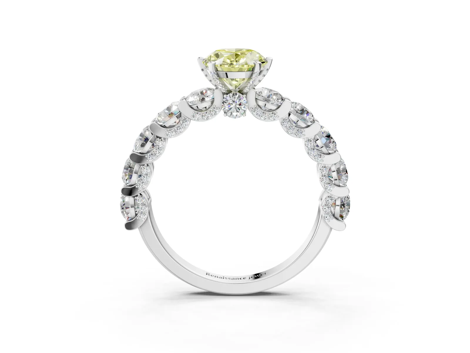 Fancy Yellow Oval Cut Diamond Side Stone Engagement Ring with Four-Prong Setting Silver