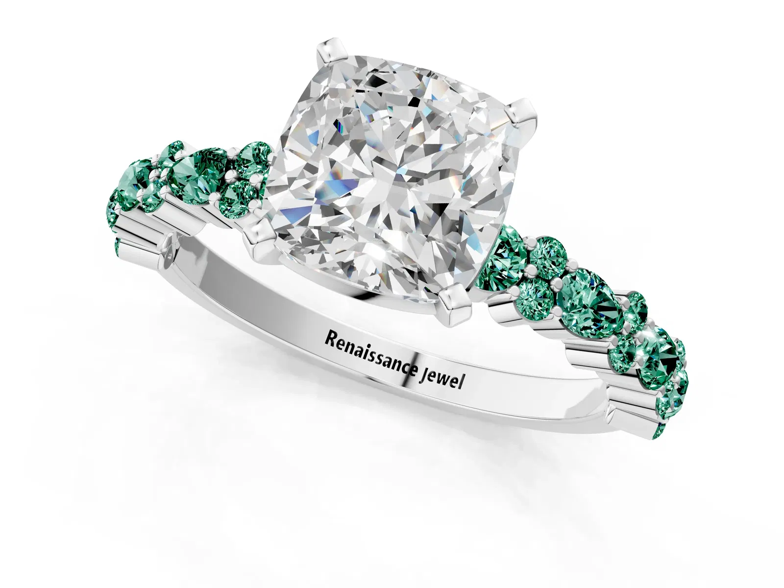 Cushion Cut Diamond Side Stone Solitaire Ring with Round Green Sapphire and Four-Prong Setting Platinum