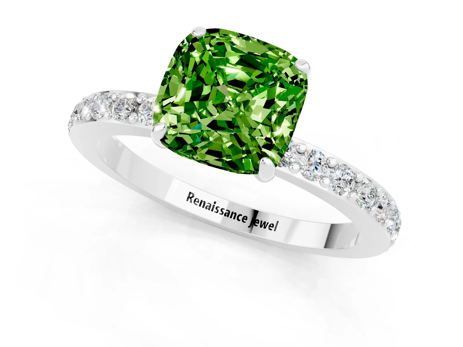 Cushion Cut Peridot Solitaire Engagement Ring with Pavé Band and Four-Prong Setting Platinum