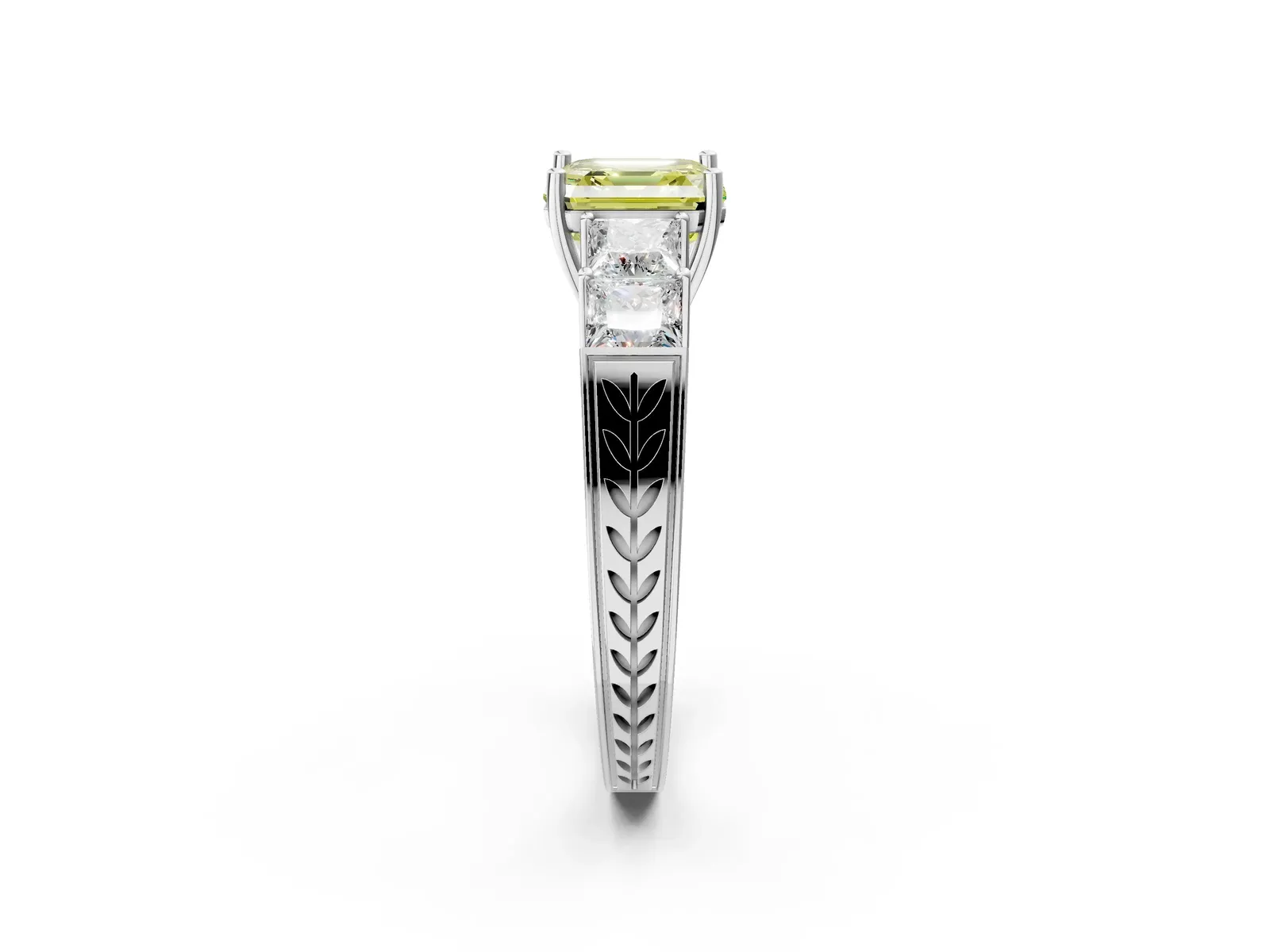 Fancy Yellow Asscher Cut Solitaire Princess Side Stone Engraved Band Prong Setting Ring Platinum