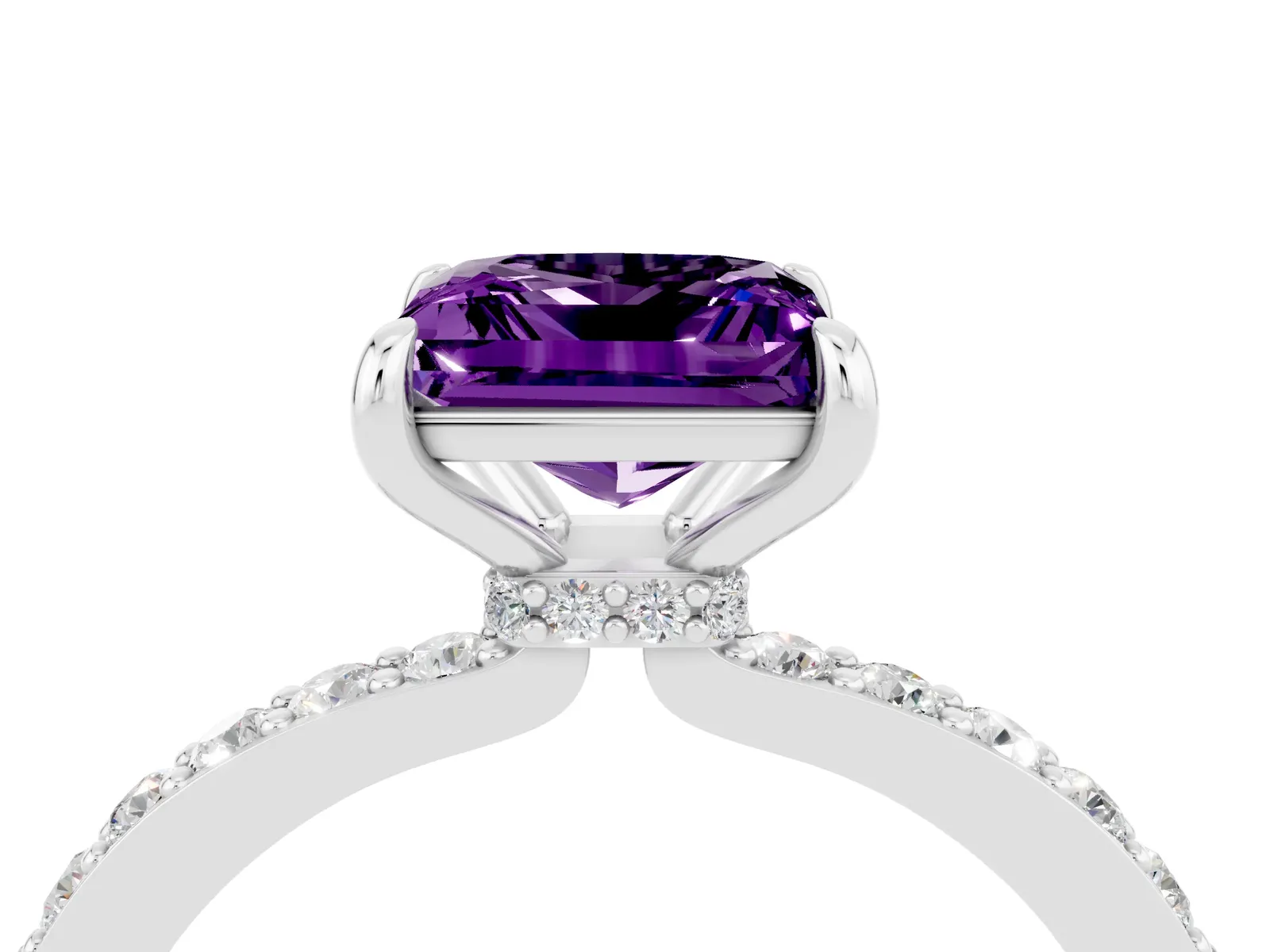 Princess Cut Amethyst Solitaire Engagement Ring with Pavé Band and Four-Prong Setting Platinum