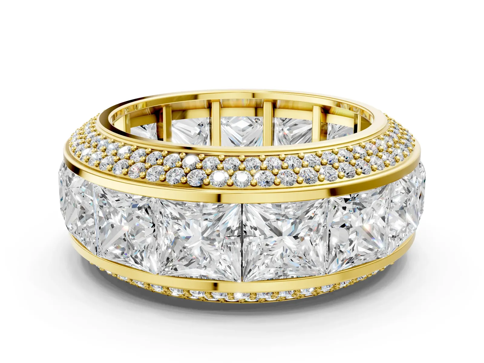 Princess Diamond Pavé Mens Wedding Band with Round Diamond Accents Yellow gold