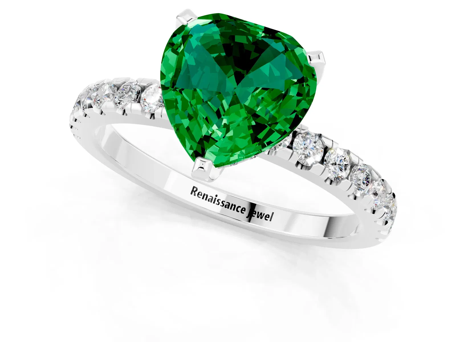Heart Cut Emerald Solitaire Ring with Round Pavé Band and Four-Prong Setting Platinum