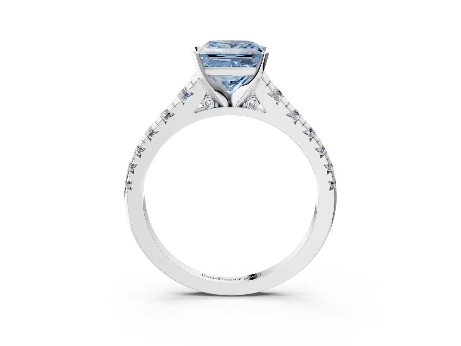 Fancy Blue Princess Cut Diamond Cathedral Solitaire Ring with Round Pavé Band Platinum