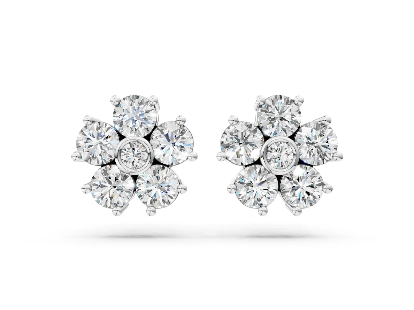 Round Diamond Flower Stud Earrings with Diamond Accent White gold