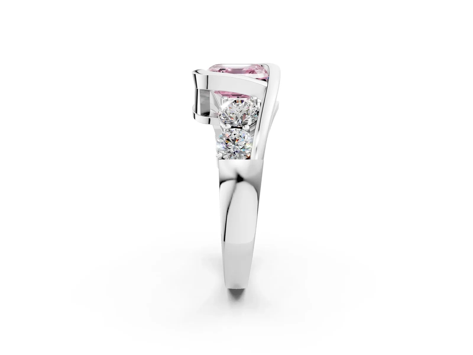 Fancy Pink Bezel Set Asscher Cut Diamond Bypass Ring with Round Accents Platinum