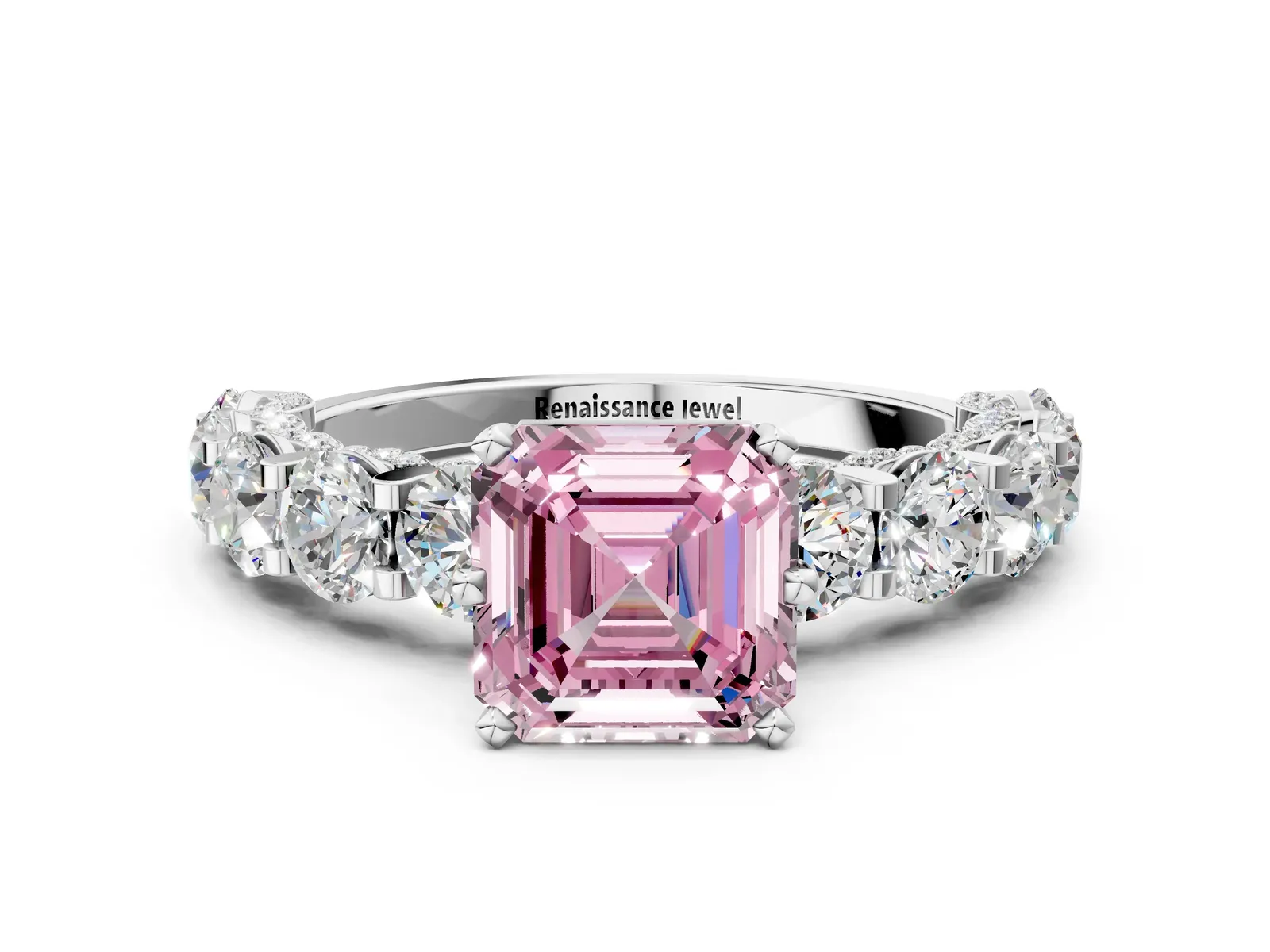 Fancy Pink Asscher Cut Diamond Side Stone Engagement Ring with Four-Prong Setting Silver