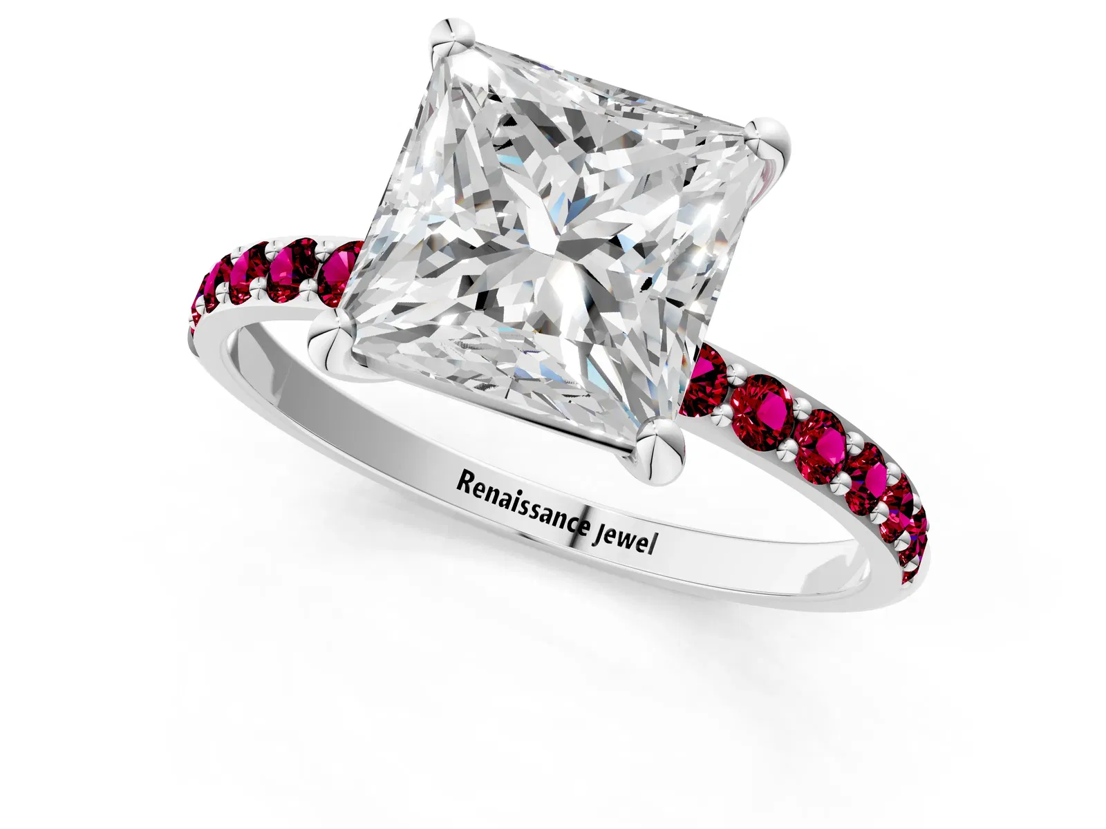 Princess Cut Diamond Solitaire Ring with Round Garnet Pavé Band and Prong Setting Platinum