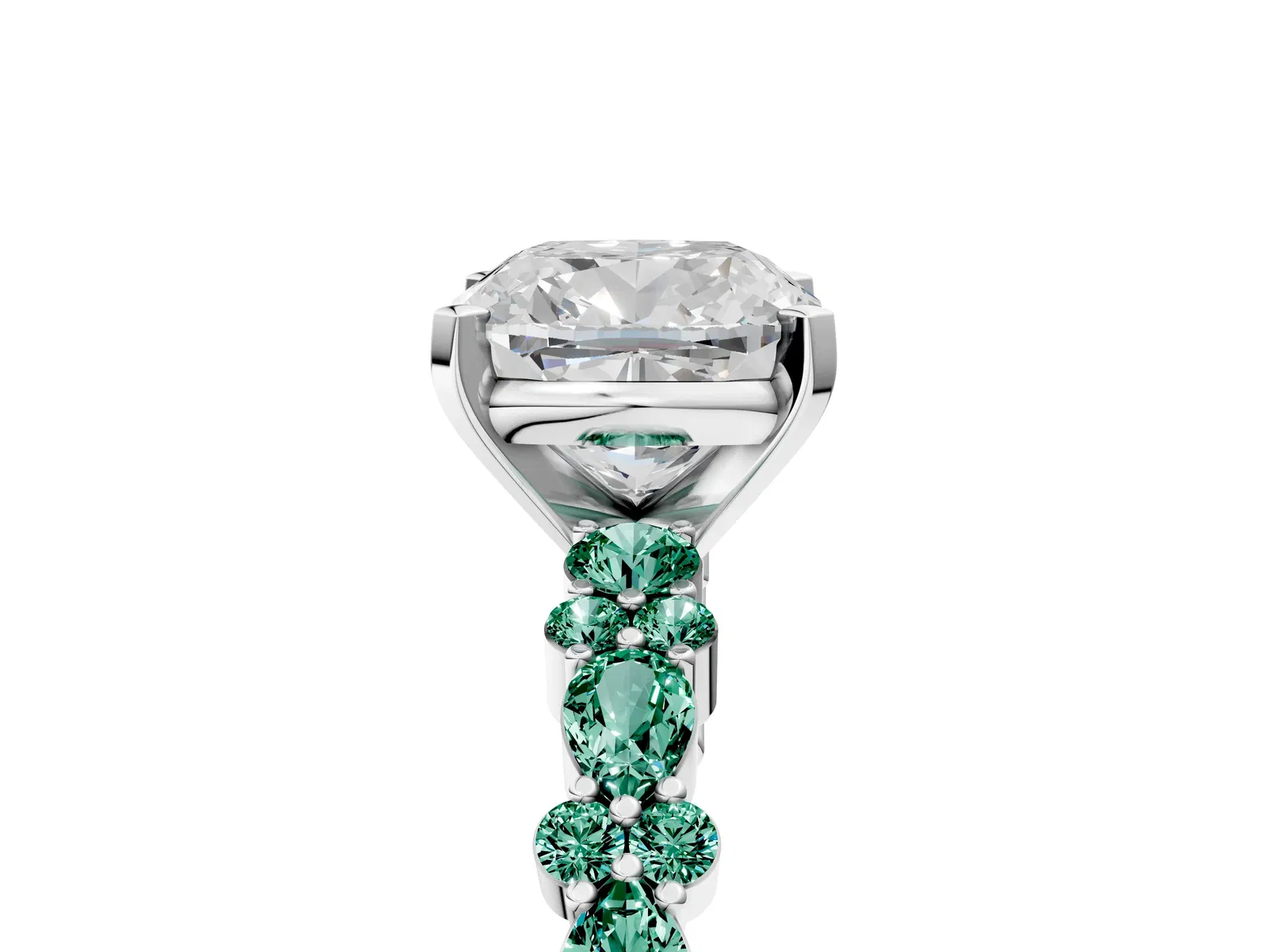 Cushion Cut Diamond Side Stone Solitaire Ring with Round Green Sapphire and Four-Prong Setting Platinum