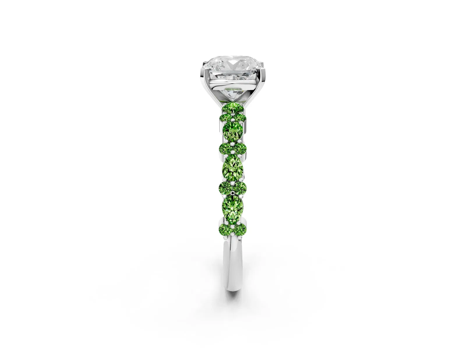 Cushion Cut Diamond Side Stone Solitaire Ring with Round Peridot and Four-Prong Setting Platinum