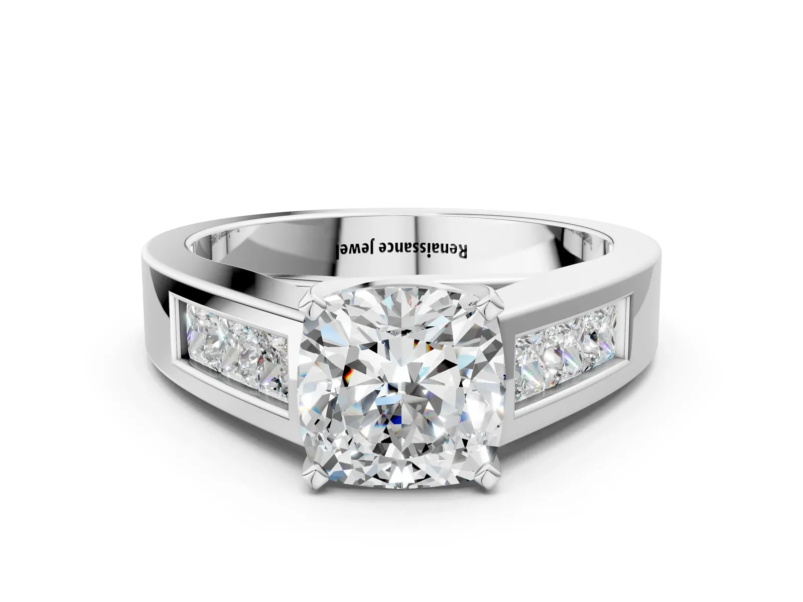Cushion Cut Cut Channel Set Solitaire Ring with Four-Prong Setting Platinum